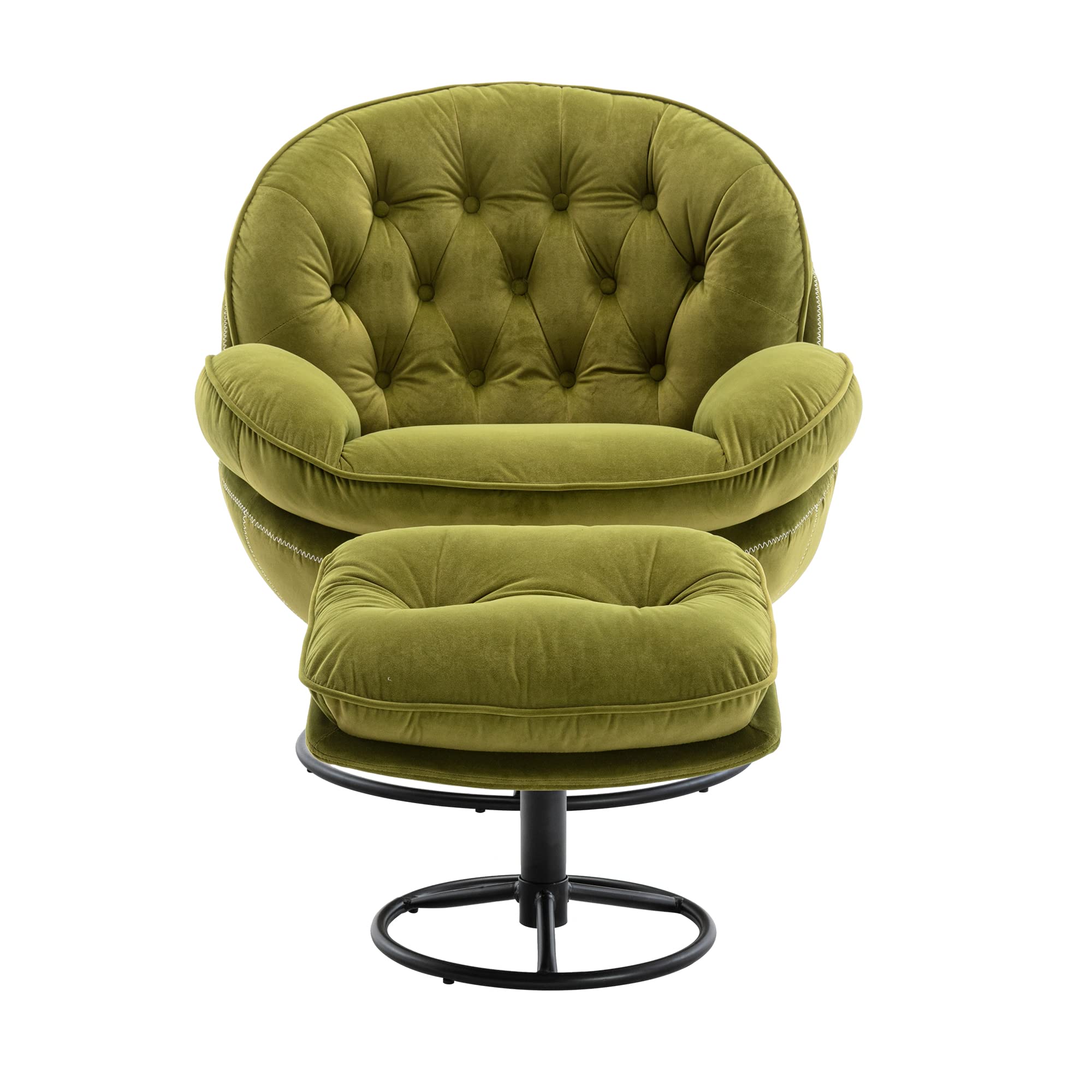 Modern Velvet Swivel Accent Chair with Ottoman Set - Green Lounge Chair for Living Room, Home Office & Club - Comfortable Metal Legs Leisure Chair for Relaxing & Reading