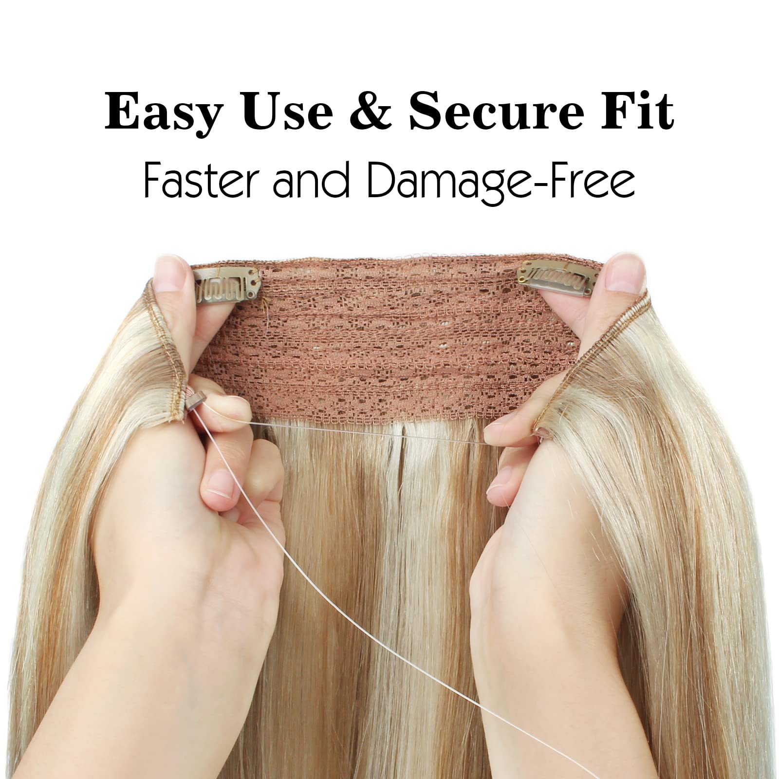 Sassina Invisible Wire Hair Extensions - 100% Real Human Hair, Transparent Wire, Adjustable Size with Secure Clips, Natural Straight Hairpiece (16 Inch, 100g, #P8/60) - Perfect for Daily Wear, Parties & Special Occasions