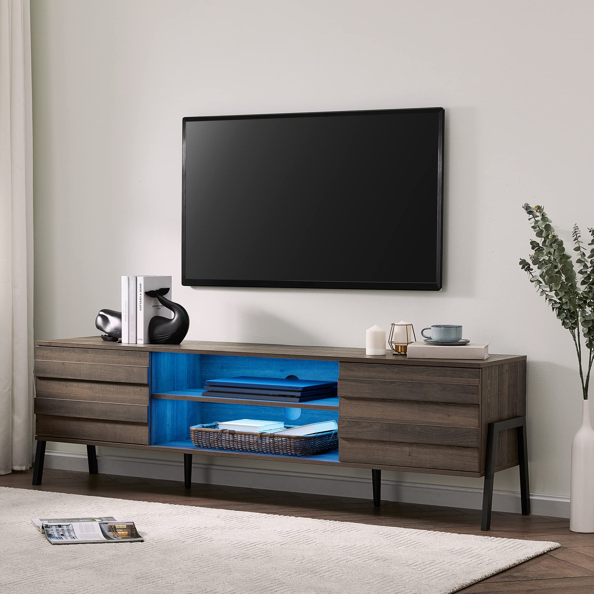 Mid-Century Modern TV Stand for 80 inch Flat Screen, Wooden TV Console with 6 Storage Shelves - Entertainment Center for Living Room & Bedroom (70 inch, Brown) | Perfect for Home Theater Setup & Stylish Media Storage