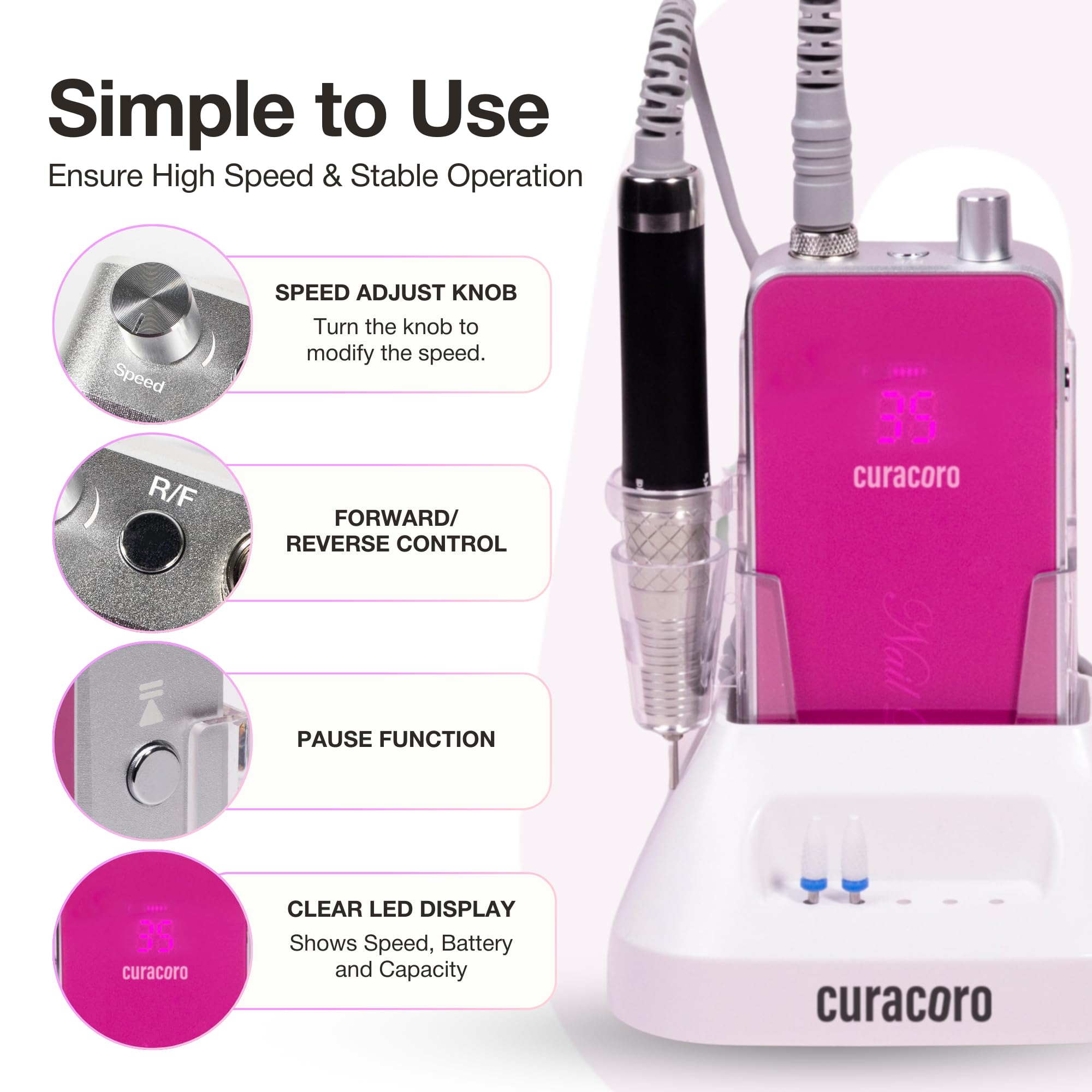 Curacoro 35000RPM Professional Brushless Electric Nail Drill Machine - Low Noise & Vibration Nail Efile for Acrylic, Gel Nails & Manicures - Perfect for Salon & Home Nail Care
