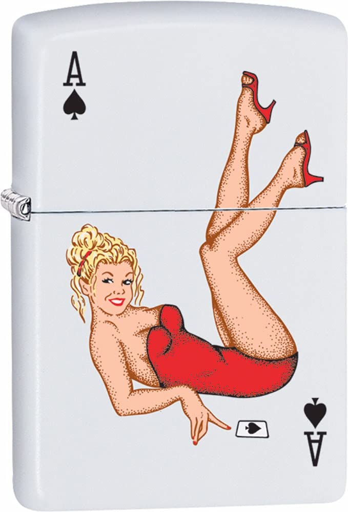 Zippo Lighter - Ace of Spades Red Dress Design on White Matte Finish | Windproof Refillable Metal Lighter for Smoking, Camping, Outdoor Adventures & Collectors