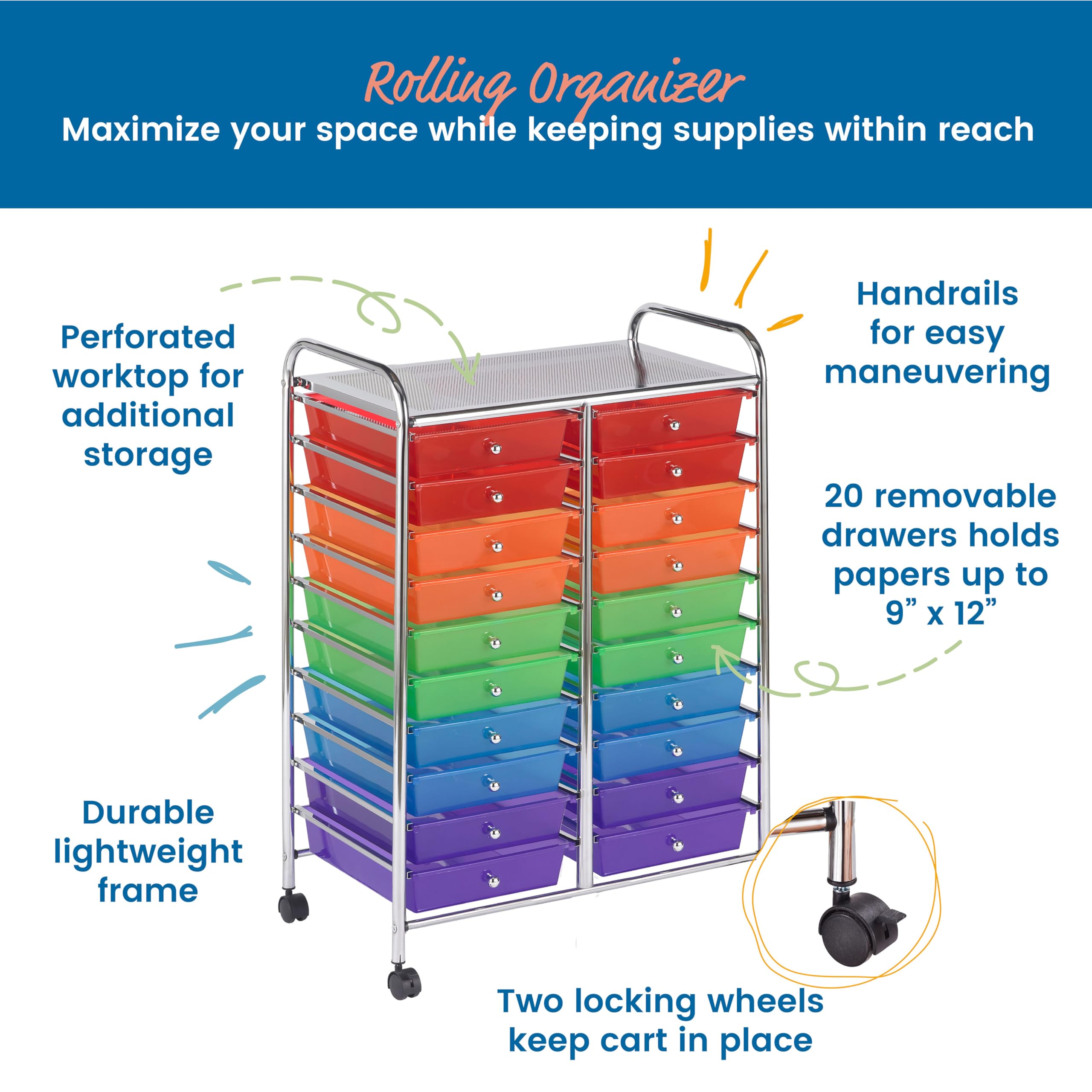 ECR4Kids 20-Drawer Mobile Organizer Cart - Rolling Storage Cabinet for Classroom, Office & Home Organization - Perfect for School Supplies, Art Materials & Craft Storage
