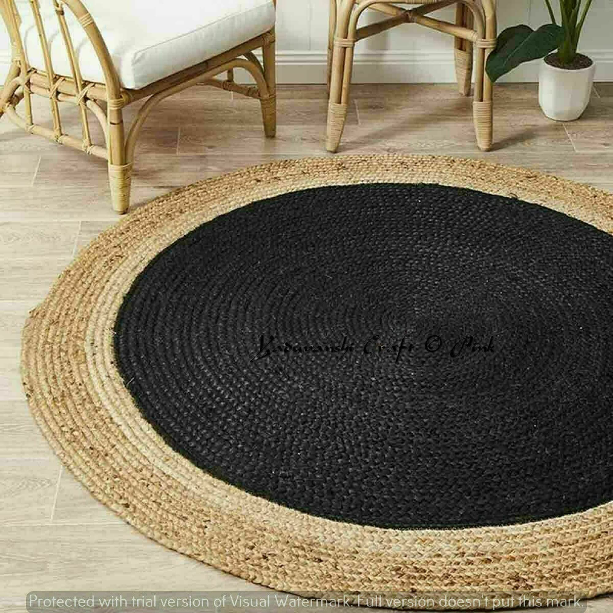 Hand Braided Round Jute Rug - Natural Farmhouse Style Area Rug for Living Room, Bedroom, Kitchen - 2x2 Feet Black Indoor/Outdoor Carpet - Perfect for Boho Decor, Patio Flooring & Cozy Home Accents