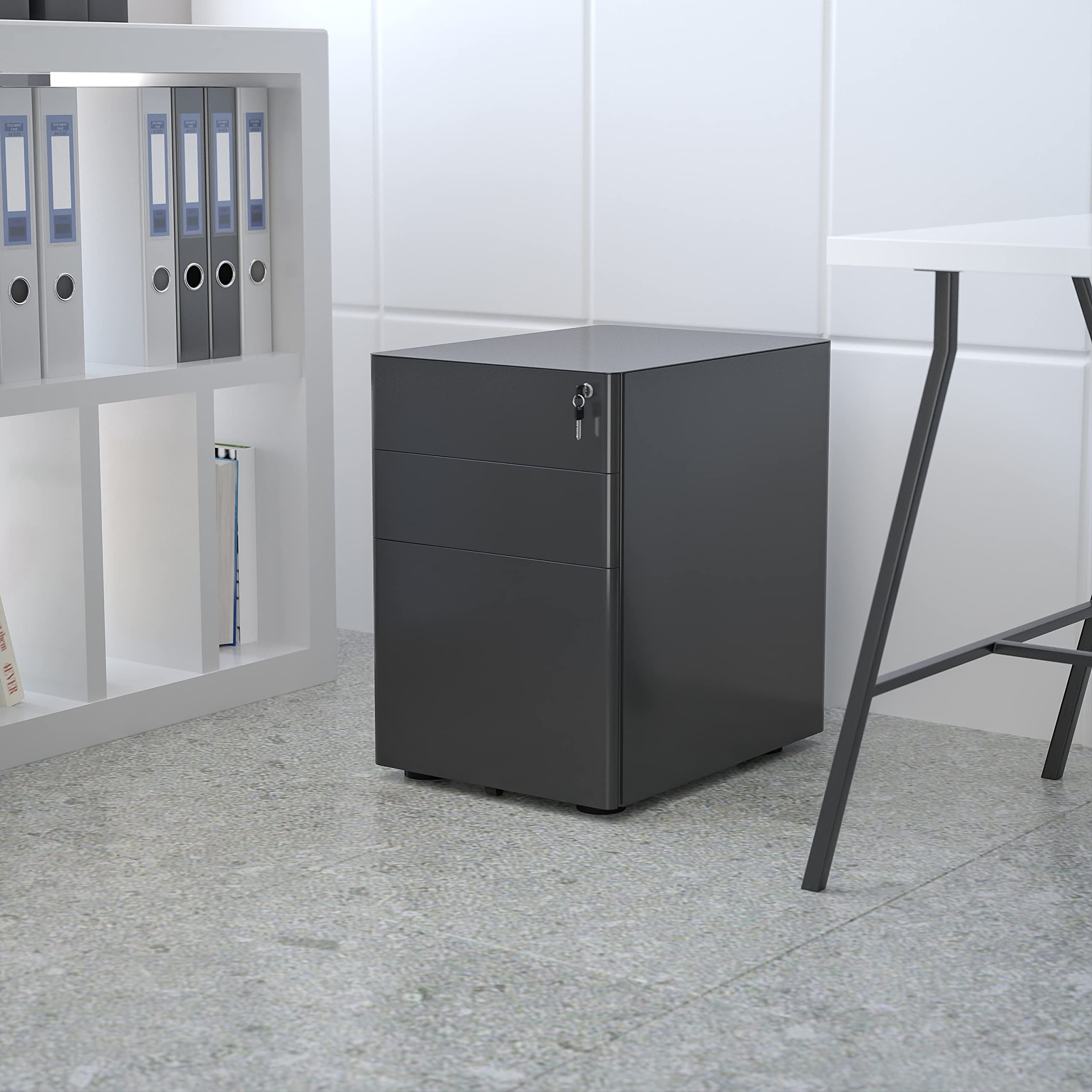 EMMA + OLIVER Modern 3-Drawer Mobile Locking Filing Cabinet - Black File Storage Organizer for Office, Home & School Use