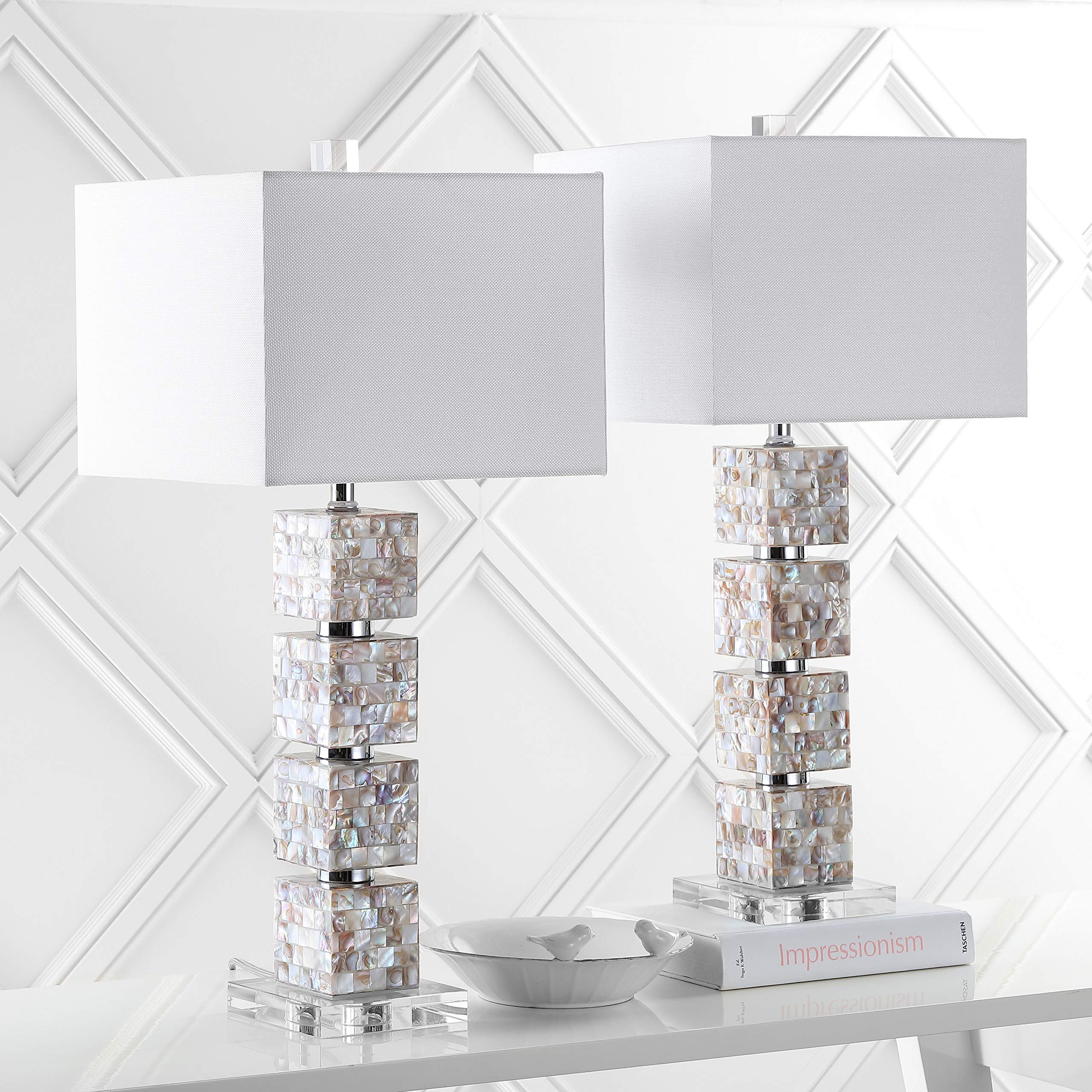 SAFAVIEH Rafferty Coastal Cream Shell 31-Inch Table Lamp Set of 2 with LED Bulbs - Modern Bedside Lighting for Bedroom, Living Room & Home Office - Perfect for Reading, Decor & Ambient Lighting