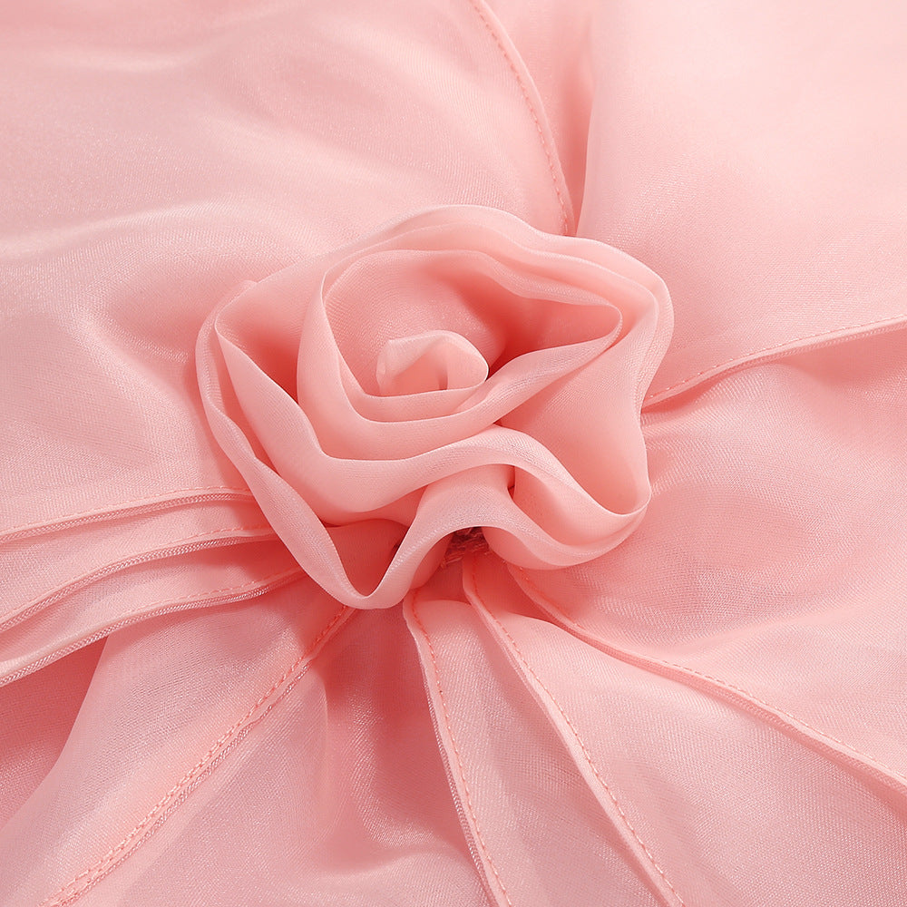 Andrea Mesh Flower One Shoulder Midi Dress in Pink - Elegant Summer Party, Wedding Guest, and Cocktail Dress for Women
