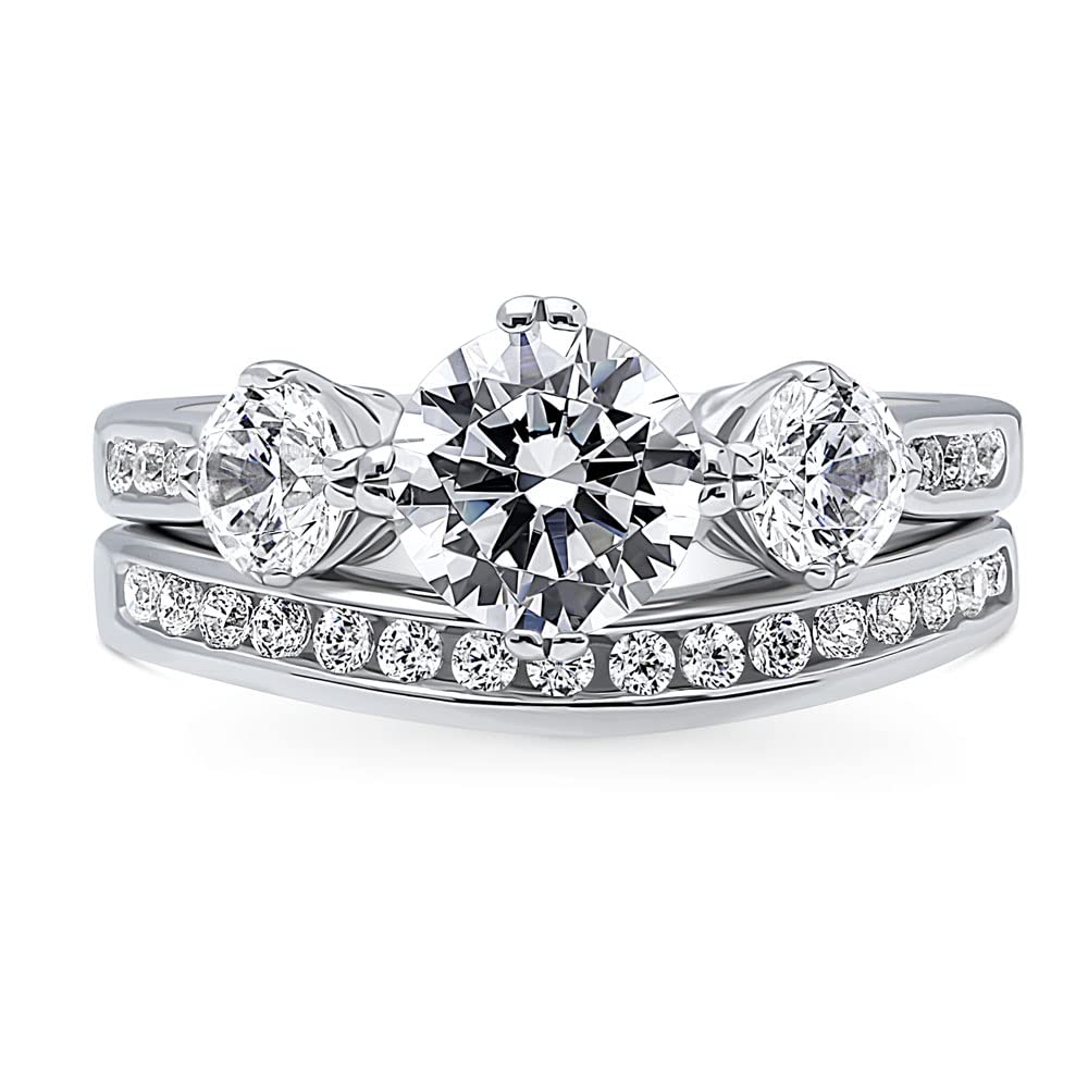 BERRICLE Sterling Silver 3-Stone Wedding & Engagement Ring Set for Women - 1.25 Carat Round Cut Cubic Zirconia CZ, Rhodium Plated, Size 4-10 | Elegant Bridal Jewelry for Proposals, Anniversaries & Special Occasions
