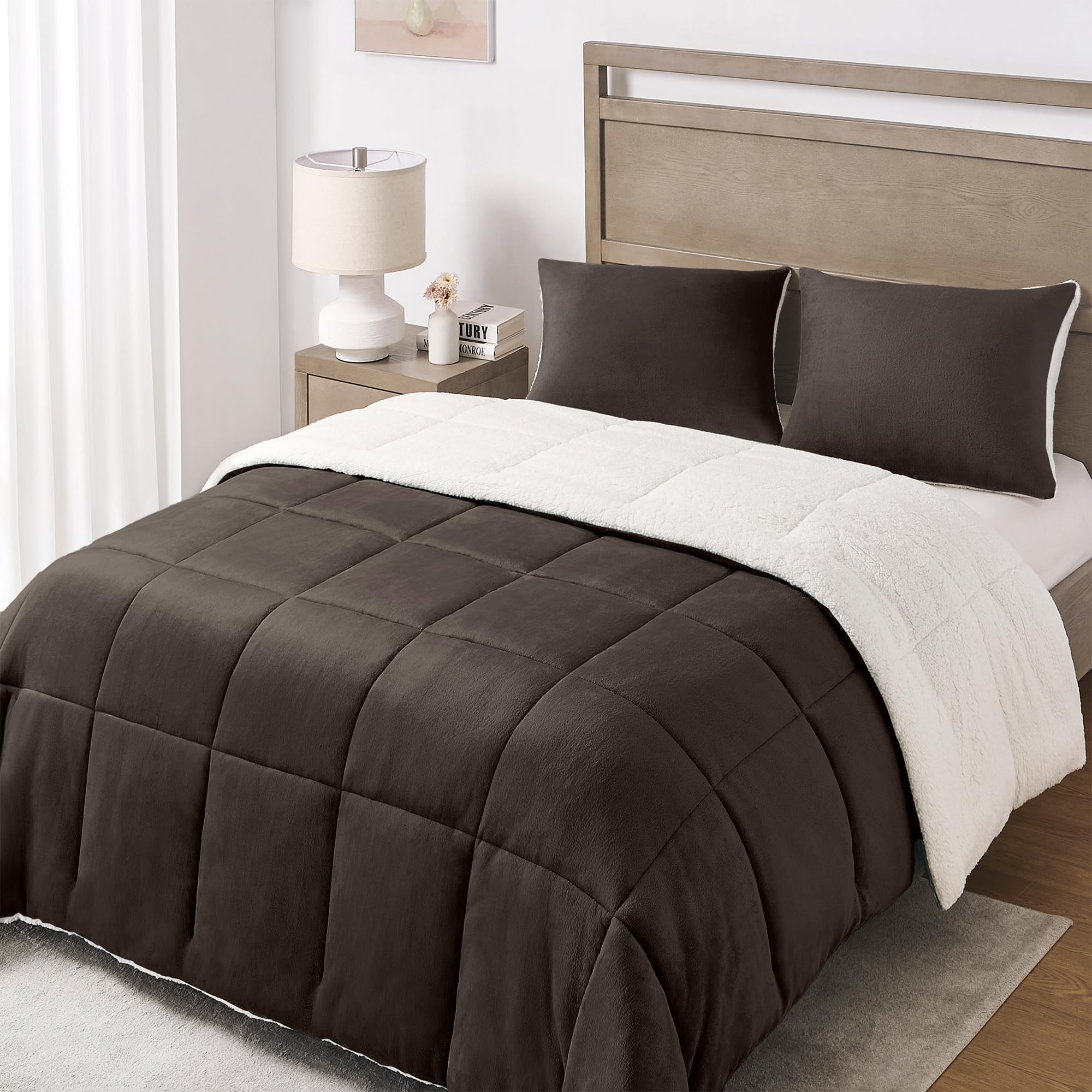 **Soft & Warm Basic Beyond Twin Comforter Set - Micromink Fleece Sherpa Bedding for Boys & Girls | Winter-Ready Brown Comforter (64