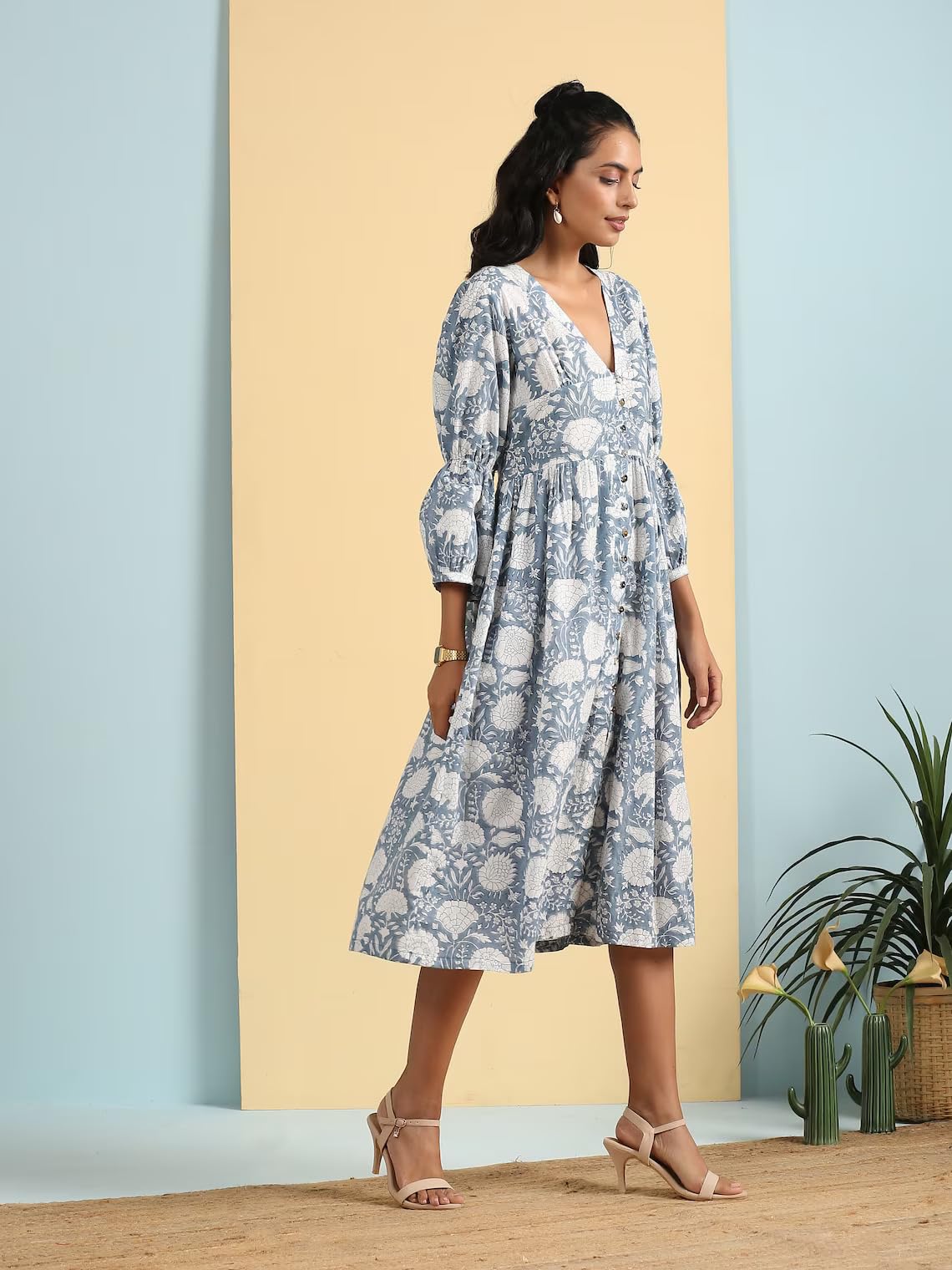 KLAVATE Women's Deep V-Neck Floral Print Cotton Midi Dress - Handblock Printed Summer Dress for Casual Wear, Beach Outings & Date Nights