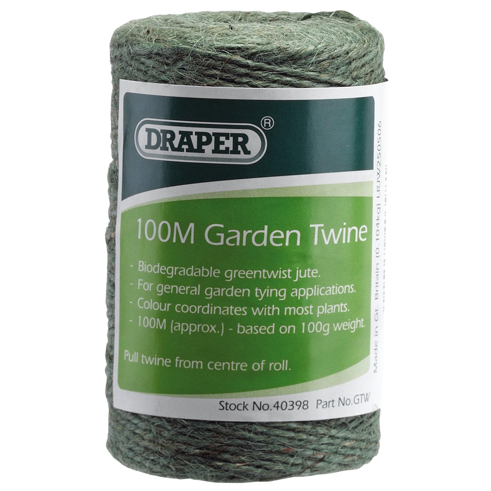 Draper 100m Natural Jute Twine String for Climbing Plants - Strong Garden Twine Rope, Green (40398) | Perfect for Vine Support, Plant Tying & DIY Crafts