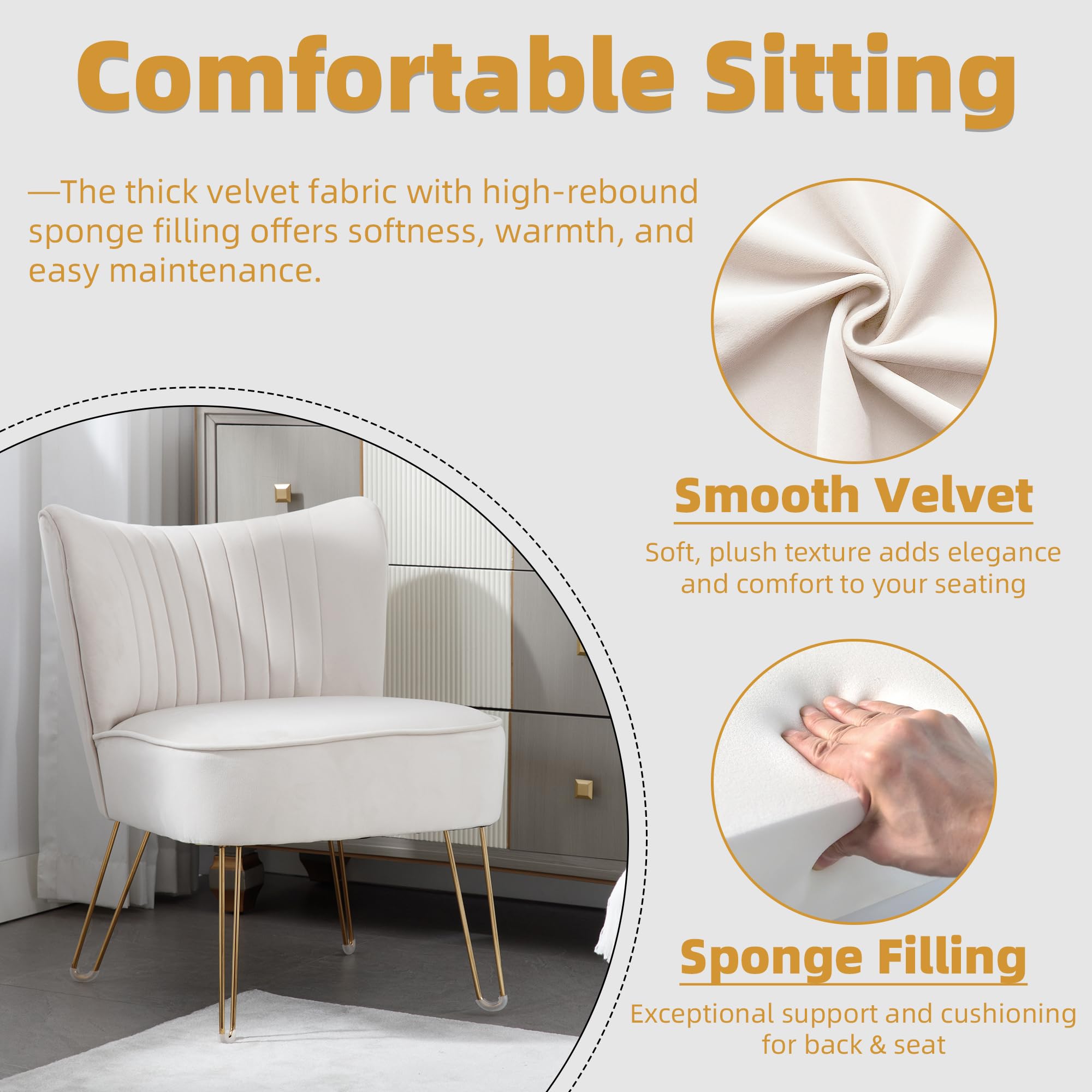 ABET Accent Chairs Set of 2 - Velvet Upholstered Armless Living Room Chairs with Tufted Wingback Design, Thick Cushion & Golden U-Shaped Metal Legs - Modern Comfortable Slipper Chairs for Living Room, Bedroom, or Office - Beige