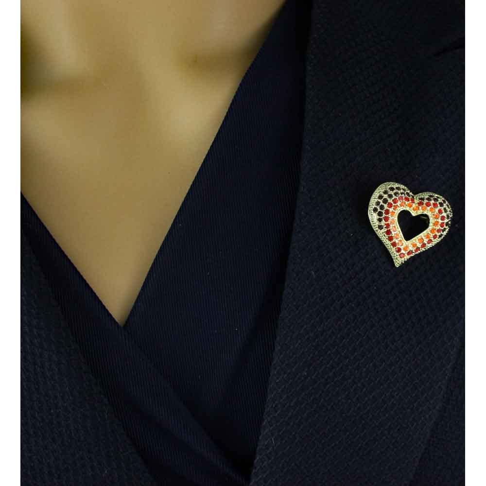 Elegant Dark Red, Red & Orange Crystal Open Heart Brooch Pin for Men & Women - Perfect for Weddings, Parties & Formal Occasions
