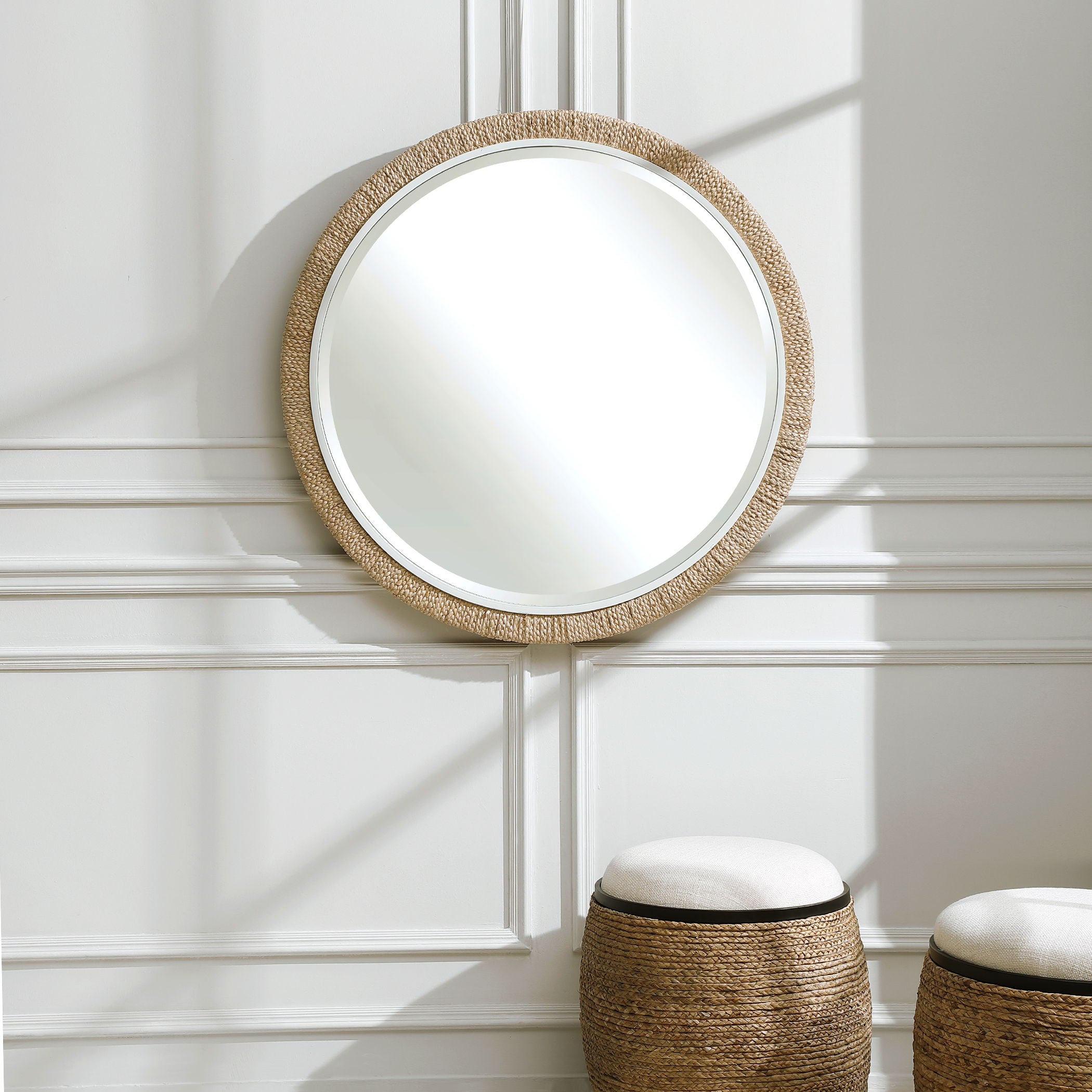 Round Rope Mirror Light Brown - Boho Coastal Decor for Bedroom, Living Room & Bathroom | Handmade Rattan Wall Mirror for Home Decor