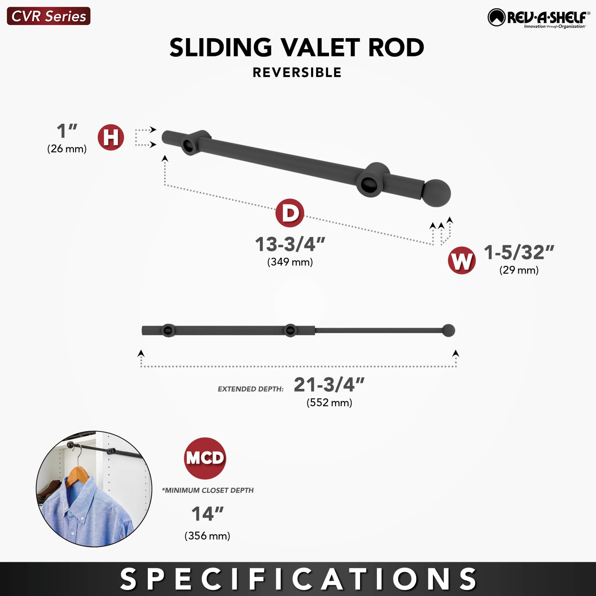 REV-A-SHELF Sliding Valet Rod - Adjustable Closet Organizer for Custom Wardrobe Systems | Perfect for Hanging Clothes, Ties & Accessories in Walk-In Closets