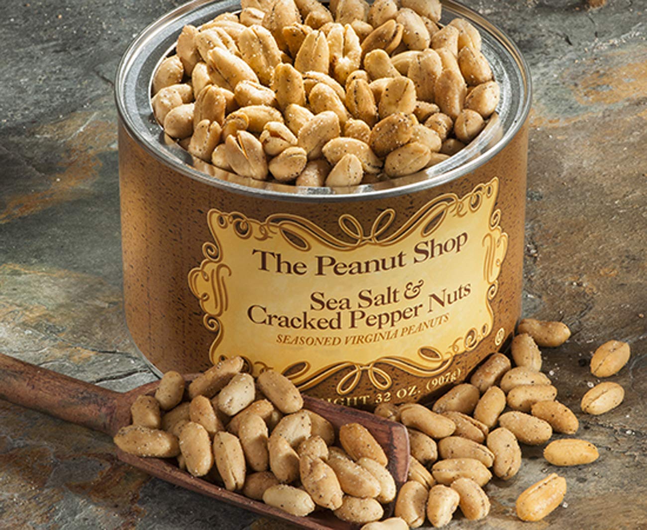 Premium Virginia Peanuts - Hand Cooked, Gluten-Free with Sea Salt & Cracked Pepper | 32oz Tin Can | Perfect for Snacking, Parties & Gifts | The Peanut Shop of Williamsburg