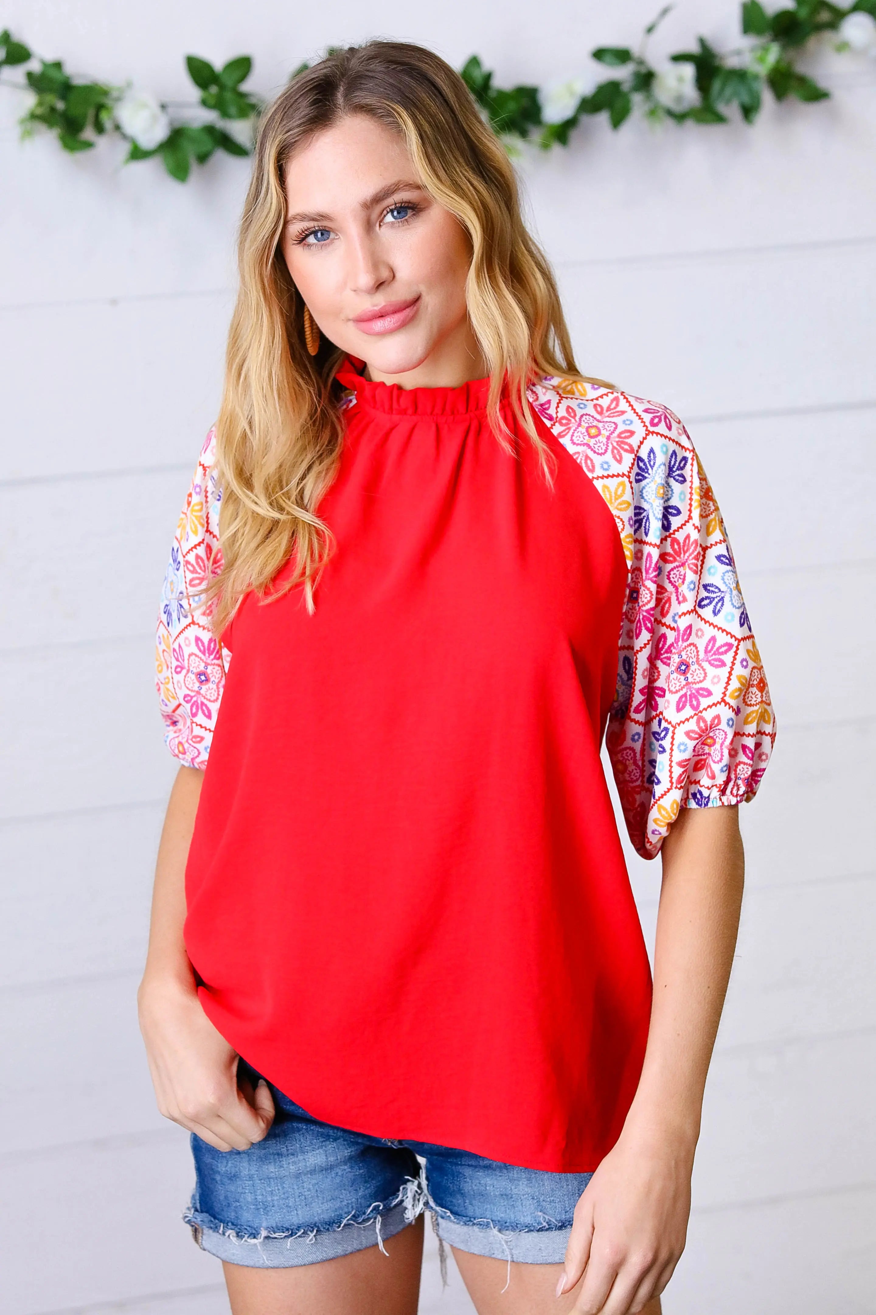 Cardinal Red Frilled Mock Neck Floral Puff Sleeve Blouse - Elegant Women's Fashion Top for Parties, Dates & Special Occasions
