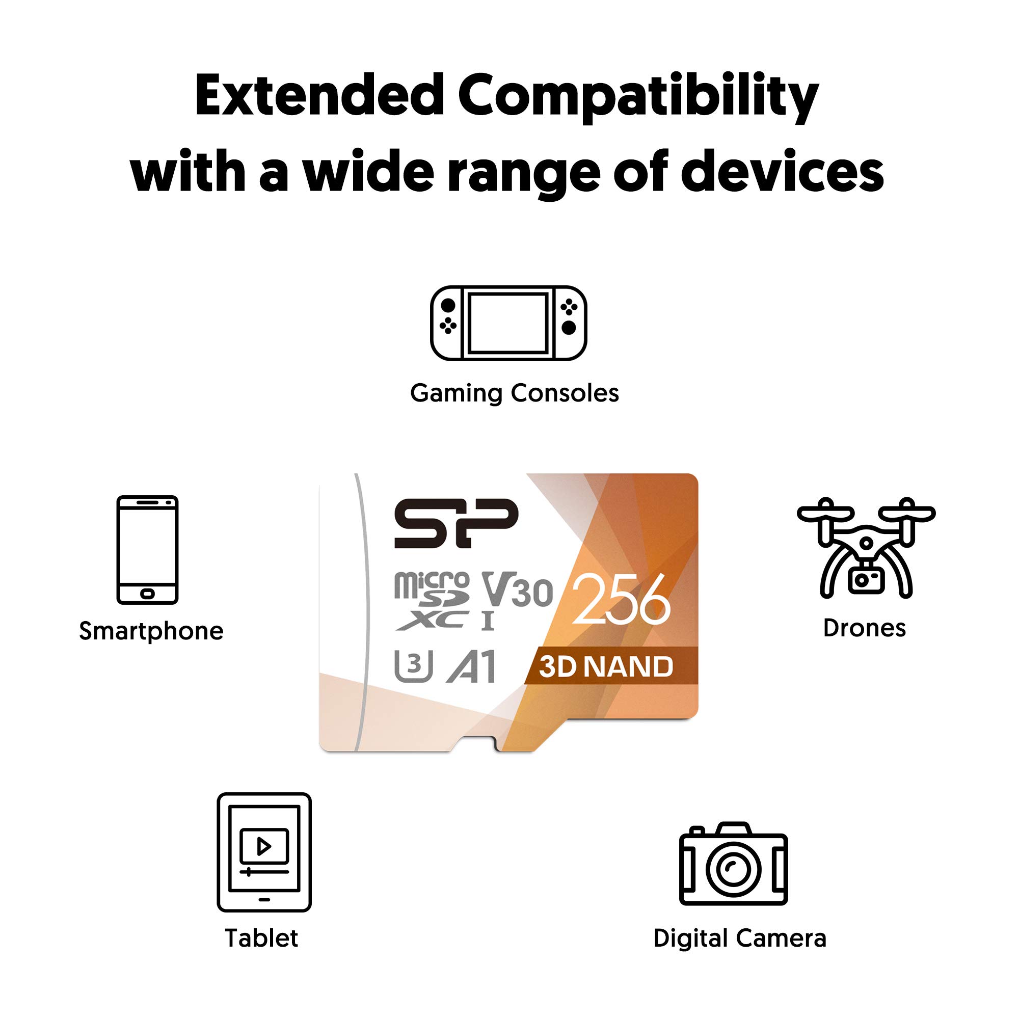 Silicon Power 256GB Micro SDXC UHS-I U3 V30 Memory Card - 100MB/s High Speed with Adapter - Compatible with Nintendo Switch, DSLR Cameras, Drones, Action Cams & 4K Video Recording