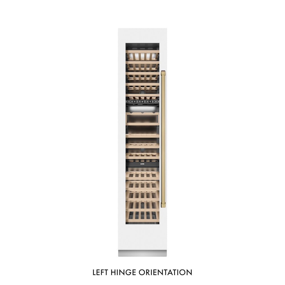 ZLINE Autograph Edition 18 Inch 9.0 cu ft Triple Zone 68 Bottle Left Hinge Column Wine Cooler - White Matte with Champagne Bronze Accents (RCWVLZ WM 18 CB) - Perfect for Home Bars, Wine Cellars & Entertaining Spaces