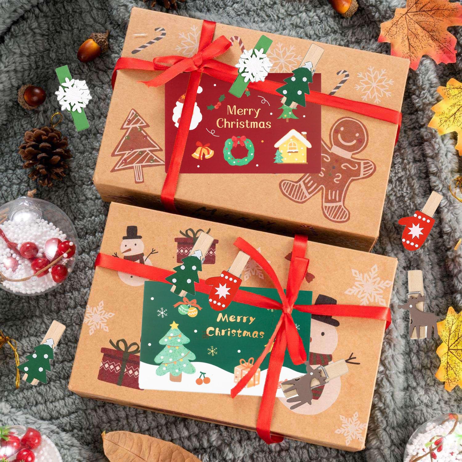 100pcs Christmas Wooden Photo Clips - Mini Clothespin Clips for Hanging Cards, Photos & Decorations - Includes 33 FT Hemp Rope - Perfect for Holiday Parties, DIY Crafts & Home Decor