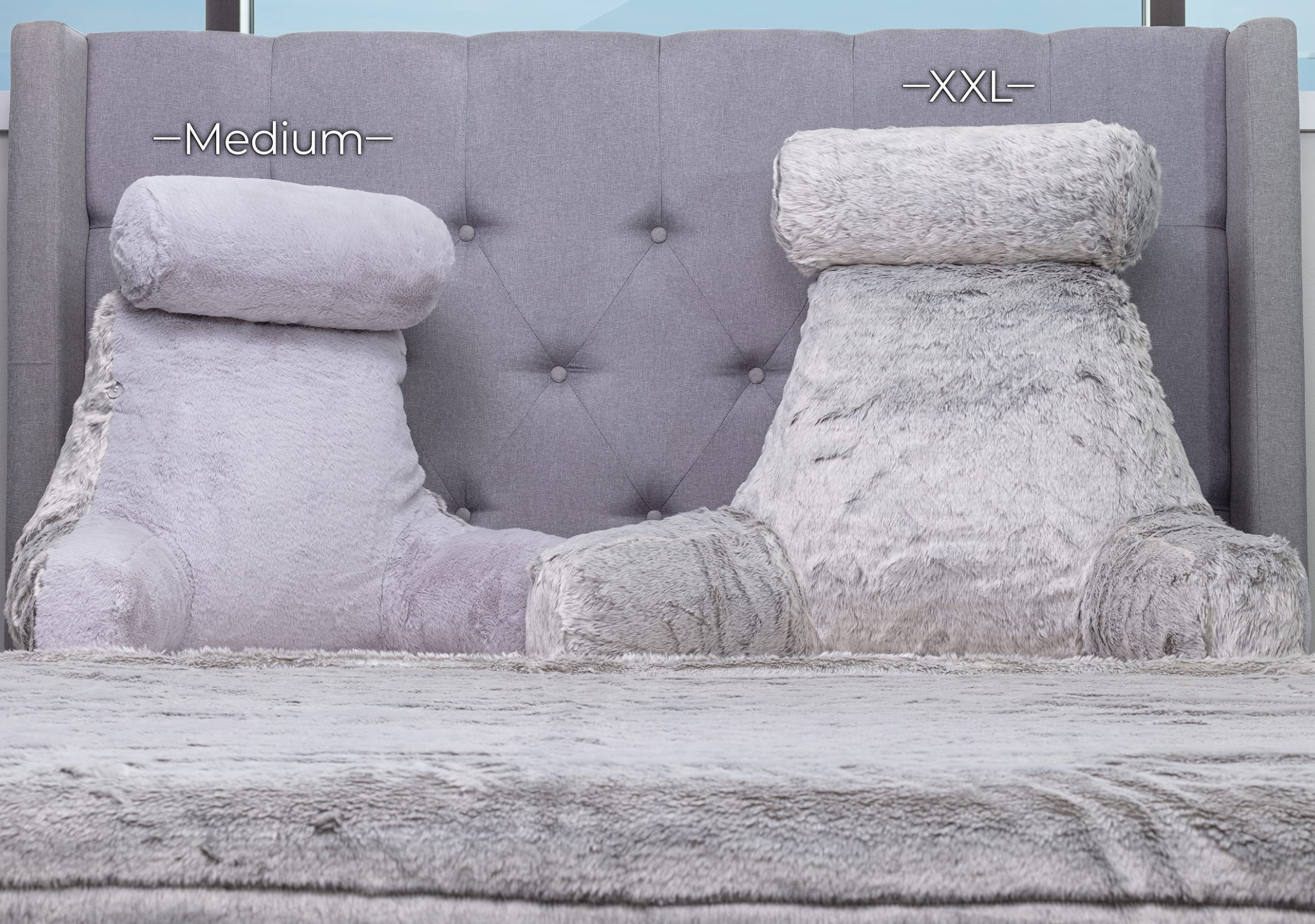 Premium Husband Pillow - Medium Rare Baby Arctic Grey Wolf Backrest, 2-Tone Reversible Faux Fur Reading & Bed Rest Pillow with Adjustable Memory Foam, Arms & Neck Support - Ultra Comfortable for Reading, Watching TV, Gaming, and Relaxing in Bed or on the Floor
