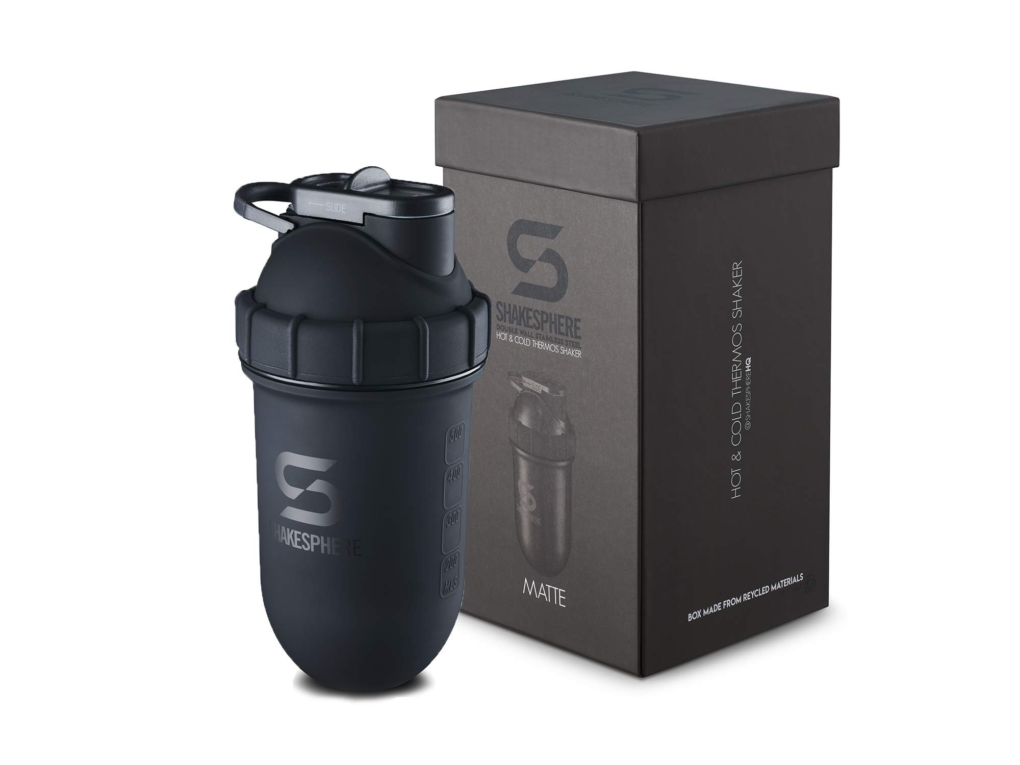 SHAKESPHERE 24oz Stainless Steel Tumbler - Insulated Protein Shaker Bottle for Hot & Cold Drinks, Leak-Proof, No Blender Ball Needed, Easy to Clean - Perfect for Gym, Workouts, Office & Travel (Matte Black)