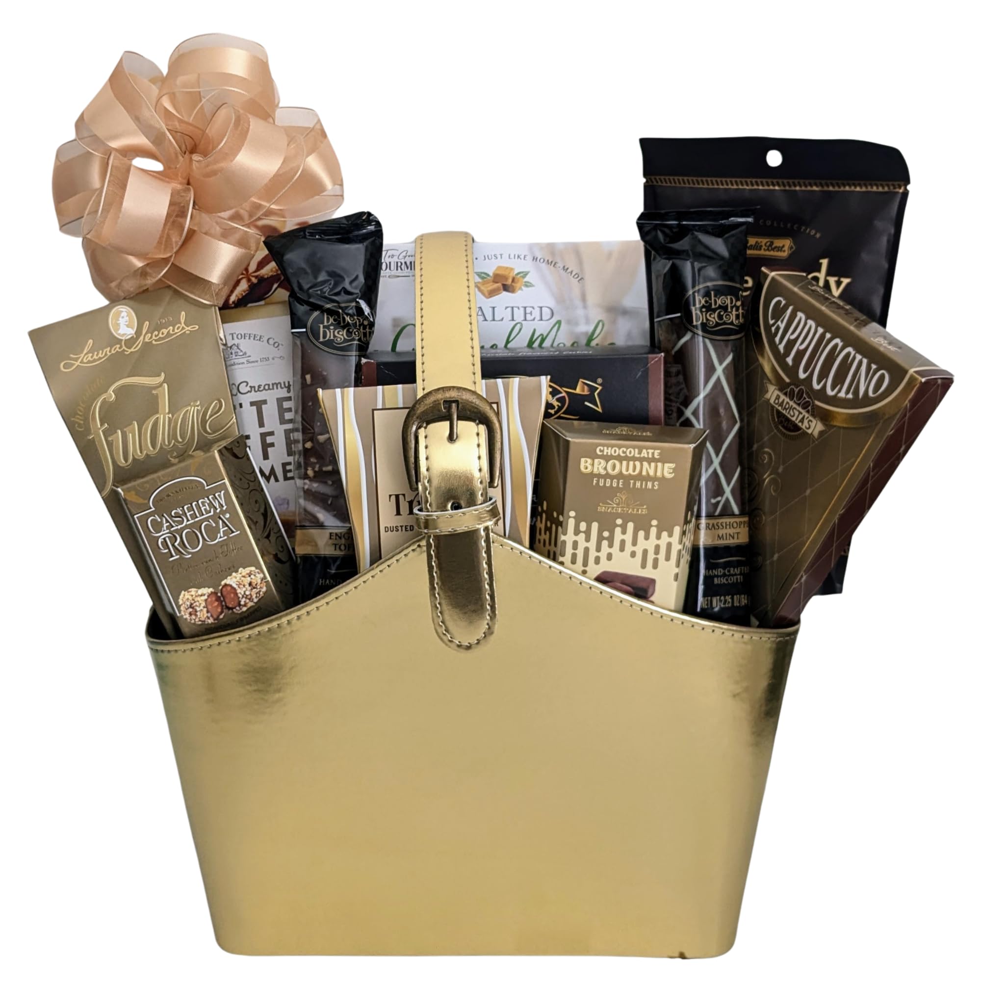 Premium Chocolate & Gourmet Cookie Gift Basket in Elegant Gold Faux Leather Tote - Luxury Corporate Gifts, Thank You Presents, Holiday Gift Box for Christmas, Thanksgiving, Birthdays & Special Occasions - Perfect for Office Celebrations, Client Appreciation & Holiday Parties