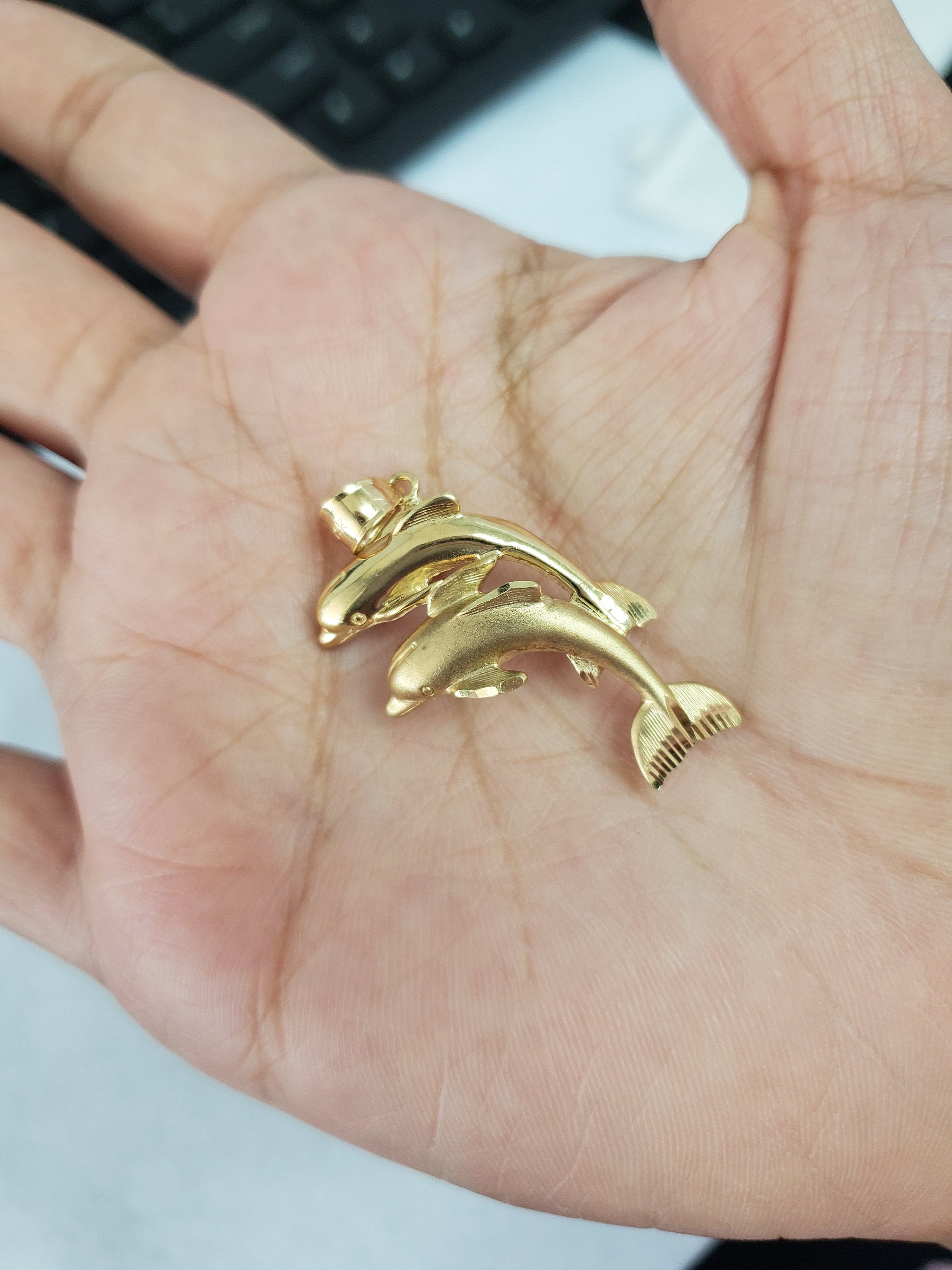 14k Yellow Gold Swimming Dolphins Charm Pendant - Elegant Jewelry Gift for Women, Perfect for Necklaces, Bracelets & Special Occasions
