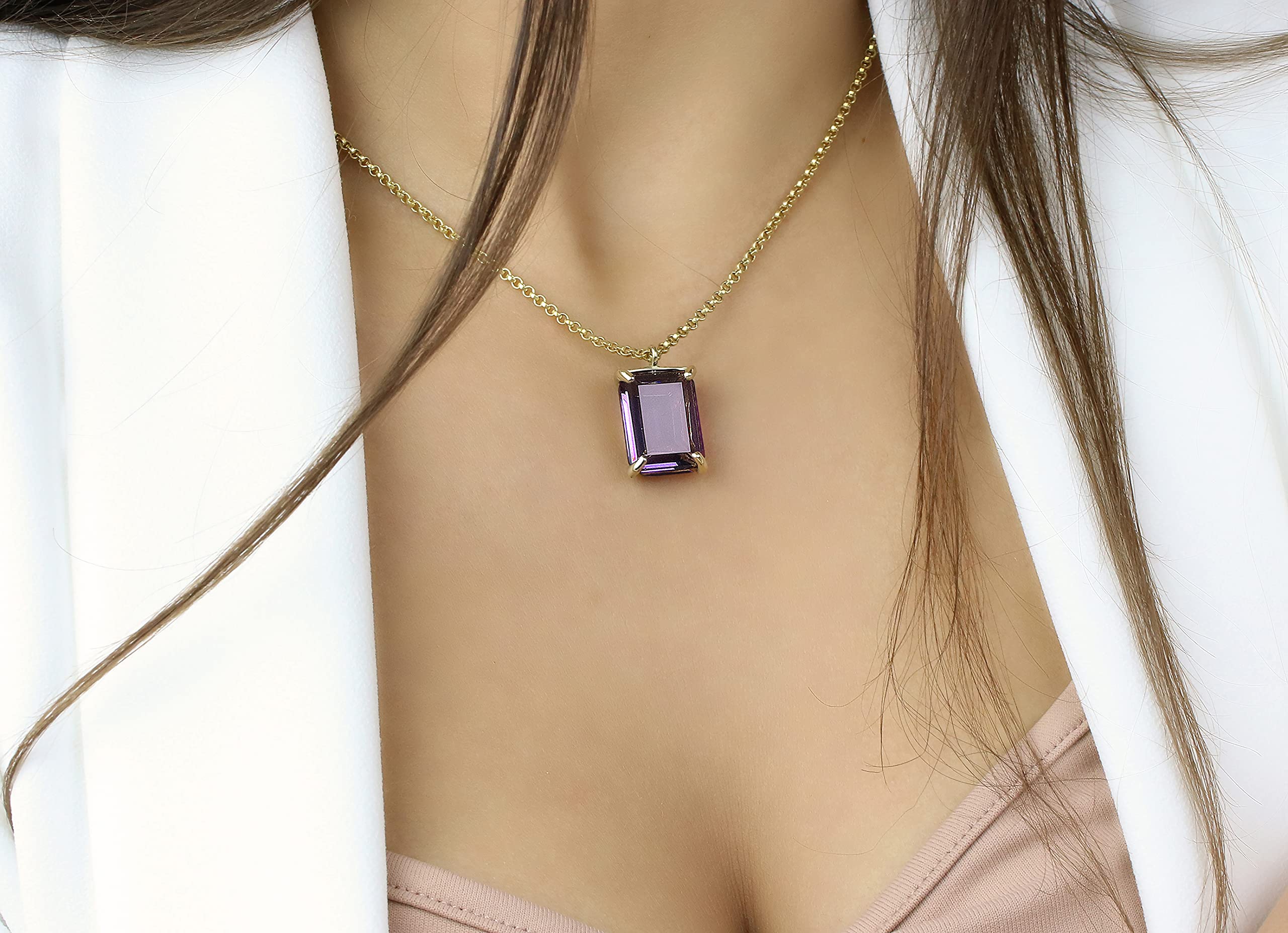 14K Gold Amethyst Pendant Necklace for Women | Elegant Anemone Jewelry | Custom Gemstone Necklace Gift for Christmas, Birthday, Anniversary & Mother's Day | Perfect for Date Nights, Office Wear & Special Occasions