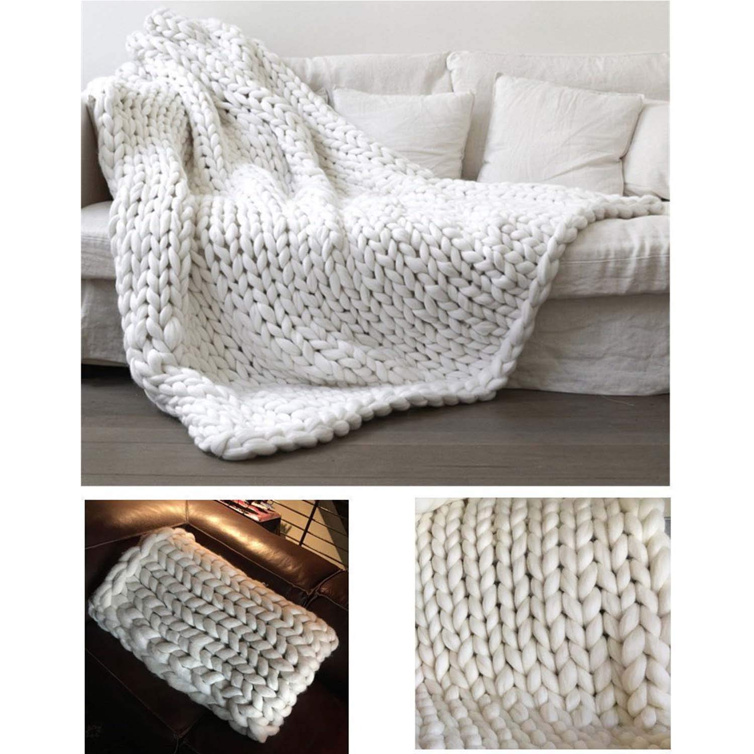 Handmade Chunky Knit Blanket - 80x80 Inches (200x200cm) - Soft Bulky Yarn Throw for Bed, Sofa, Chair, Pet Bed & Yoga Mat - Boho Home Decor in White - Perfect for Cozy Nights & Relaxation
