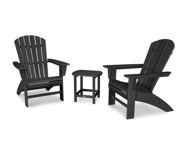 Premium Polywood Black Nautical 3-Piece Curveback Adirondack Chair Set - Weather-Resistant Outdoor Patio Furniture for Poolside, Garden & Backyard Relaxation