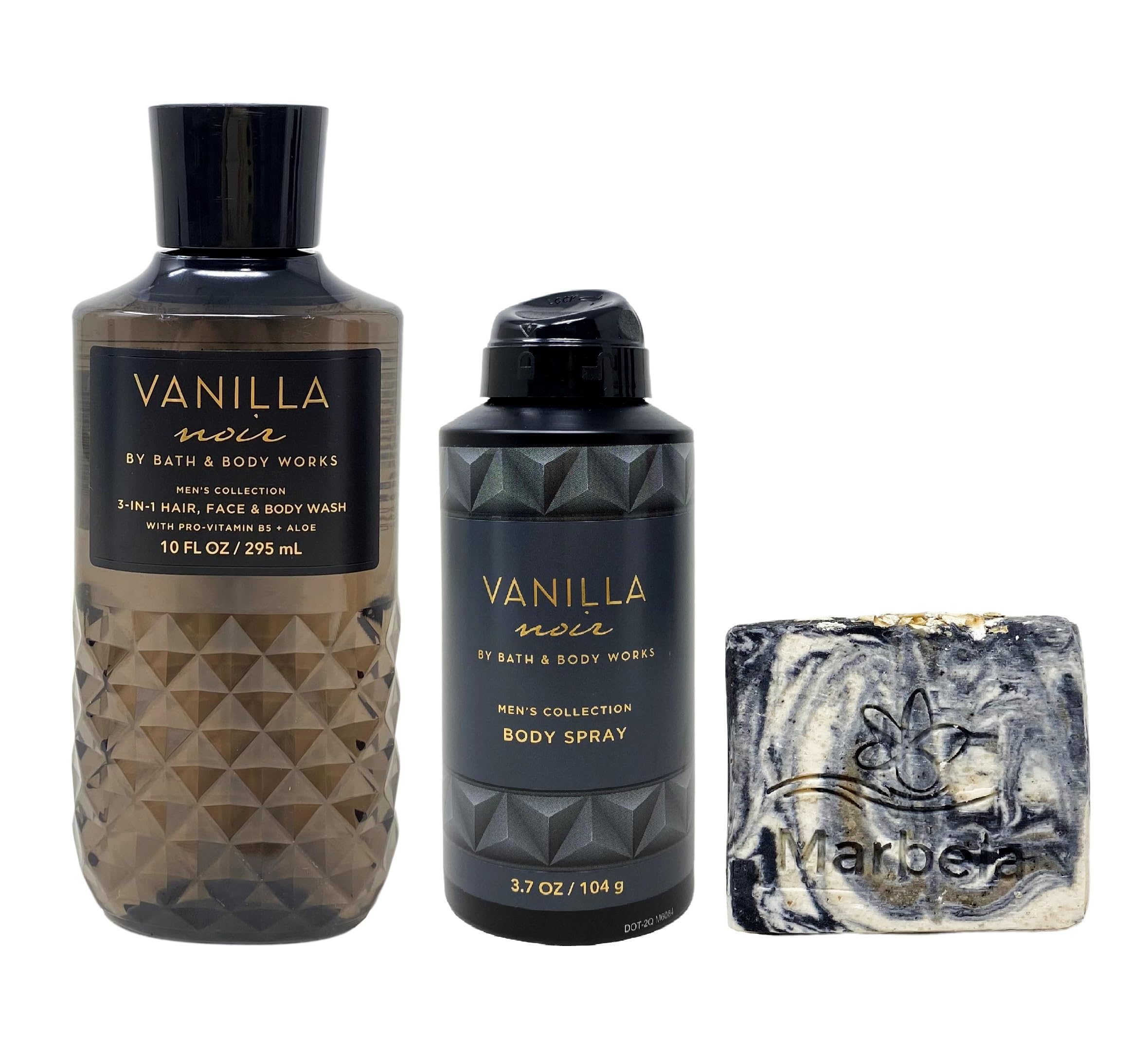 Bath & Body Works Men's Vanilla Noir Body Spray & 3-in-1 Hair Face Body Wash Set with Charcoal Scrub Soap Bar - Full Size Gift Bundle for Men's Grooming, Travel & Daily Hygiene Routine
