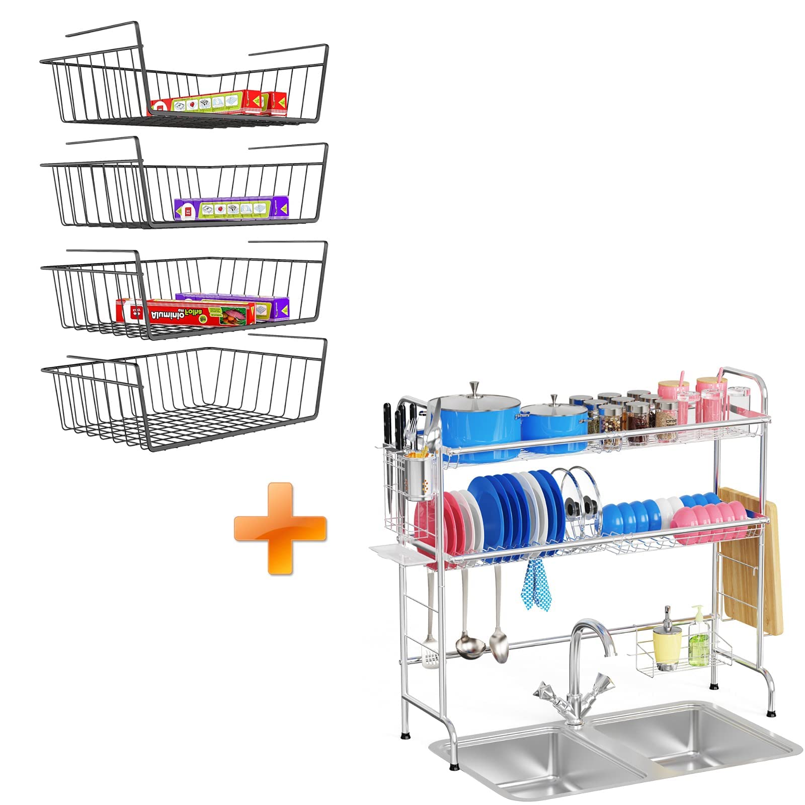 iSPECLE 4-Pack Under Shelf Basket & Over Sink Dish Drying Rack Set - Space Saving Kitchen Organizer with Utensil Hooks for Pantry, Countertop - Perfect for Small Apartments & RV Living (Bundle of 2)