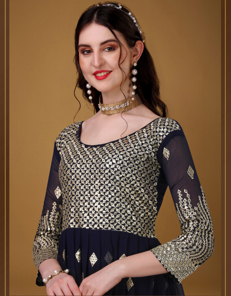Blue Foux Georgette Pant Anarkali Dress - Elegant Indian Ethnic Wear for Women - Perfect for Weddings, Parties & Festive Occasions
