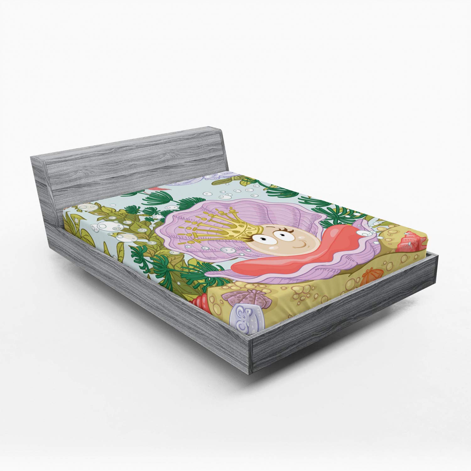**Ambesonne Pearls Fitted Sheet - Queen Size, Cartoon Pearl in Clam Crown Tiara Reef Print, All-Round Elastic Deep Pocket Bed Cover - Multicolor | Soft & Comfortable for Girls' Bedroom, Kids Room Decor, Gift Idea**
