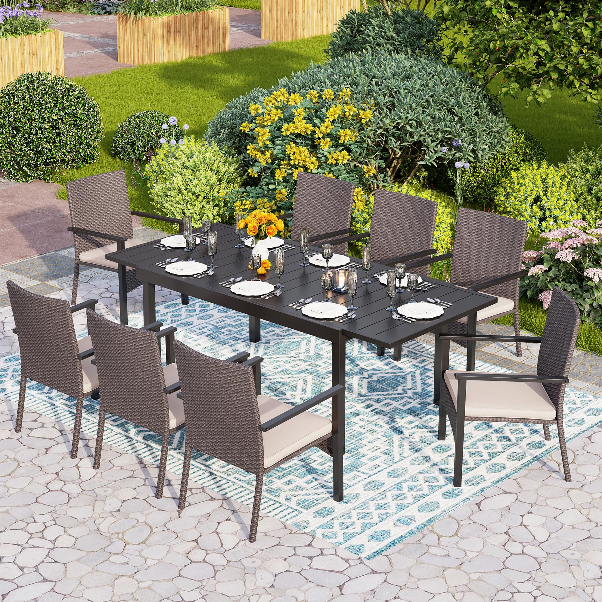 PHI VILLA 4-Piece Outdoor Wicker Chair Set - Rattan Covered Metal Armchairs with Removable Cushions, Heavy Duty Patio Furniture for Deck, Porch, Garden & Backyard - Perfect for Outdoor Dining, Lounging and Entertaining Guests