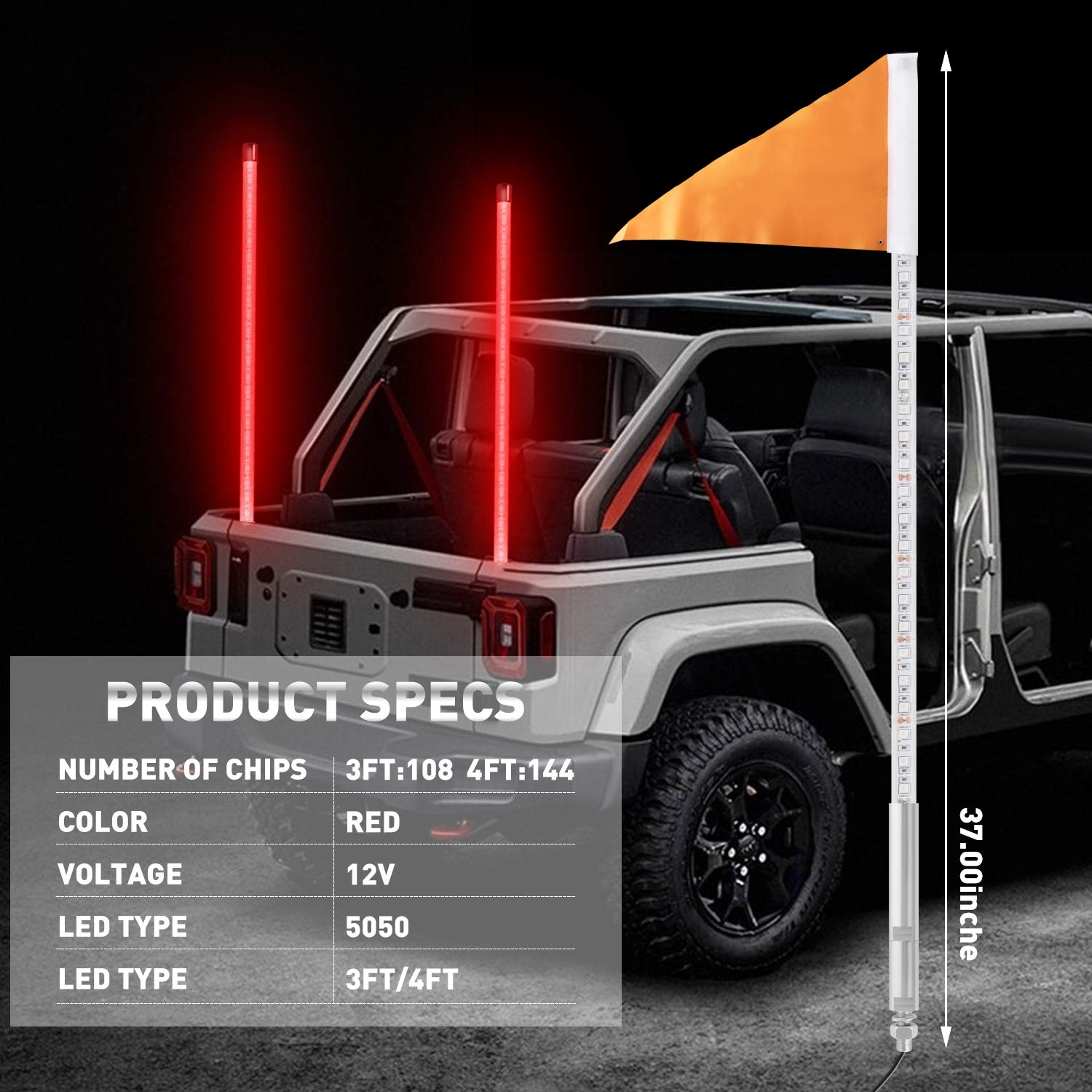 3ft LED Light Whip for ATV UTV - Red LED Whip Lights for Polaris RZR, Off-Road Vehicles, Sand Dune Buggies & 4x4 Trucks - Durable & Bright Antenna Whip for Night Riding & Off-Road Adventures