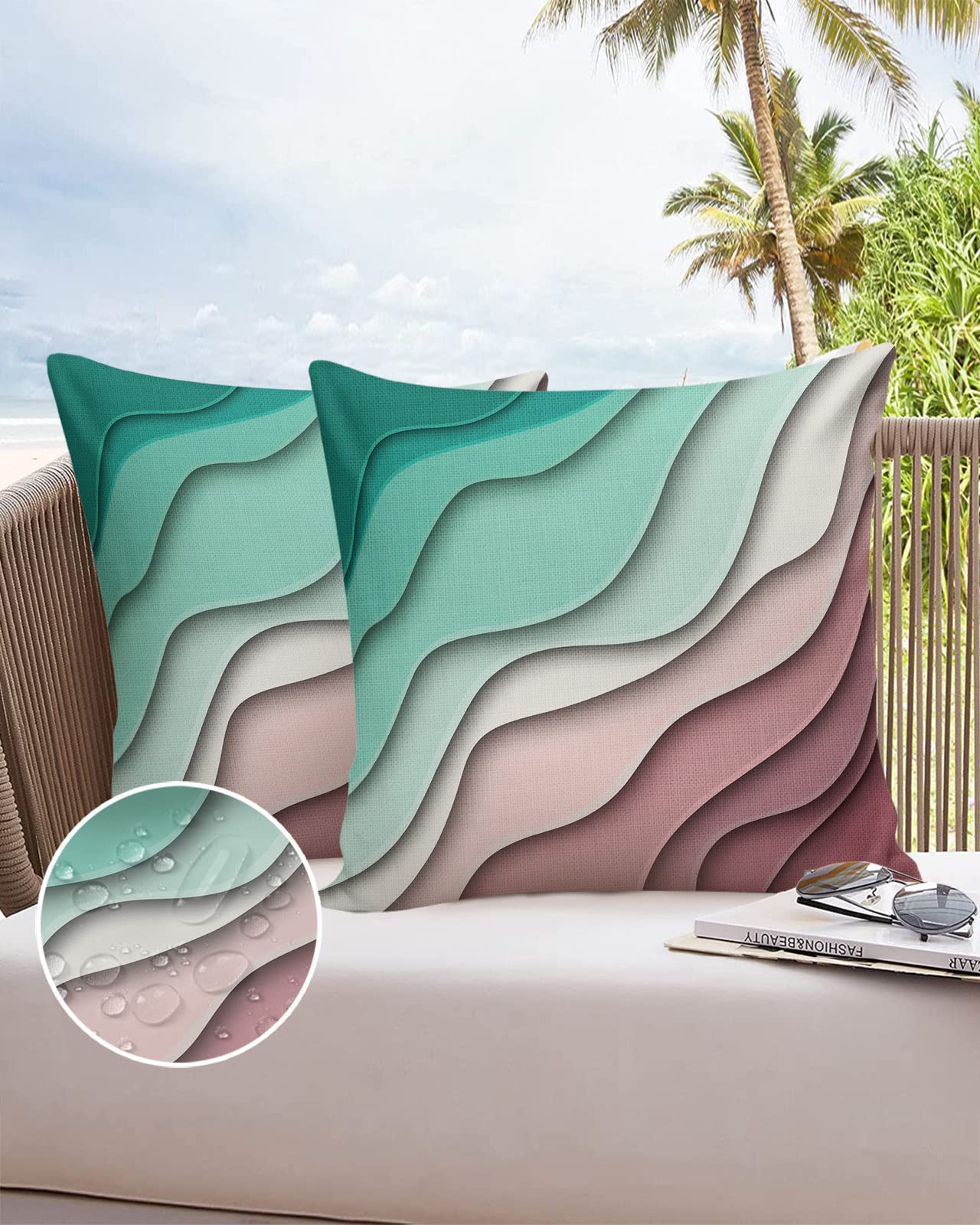 Waterproof Outdoor Throw Pillow Covers - Set of 2 Modern Geometric Lumbar Pillowcases 26x26 Inches, Green Abstract Beach Design for Patio Furniture, Couch & Garden Decor - Perfect for Poolside, Backyard & Coastal Living Spaces