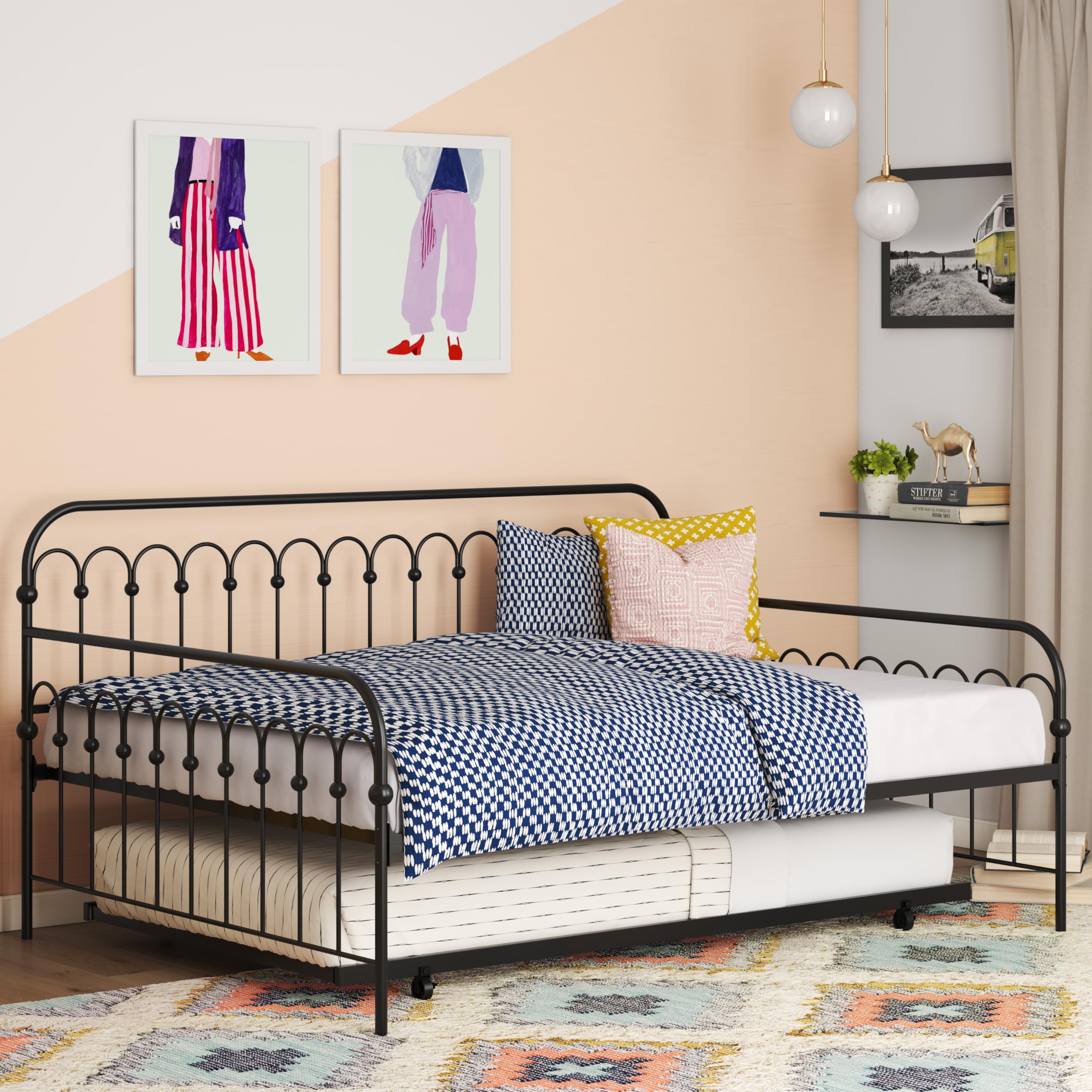 Novogratz Bright Pop Full Metal Daybed with Twin Trundle Bed - Modern Black Metal Frame Sleeper Sofa for Small Spaces, Guest Room & Dormitory