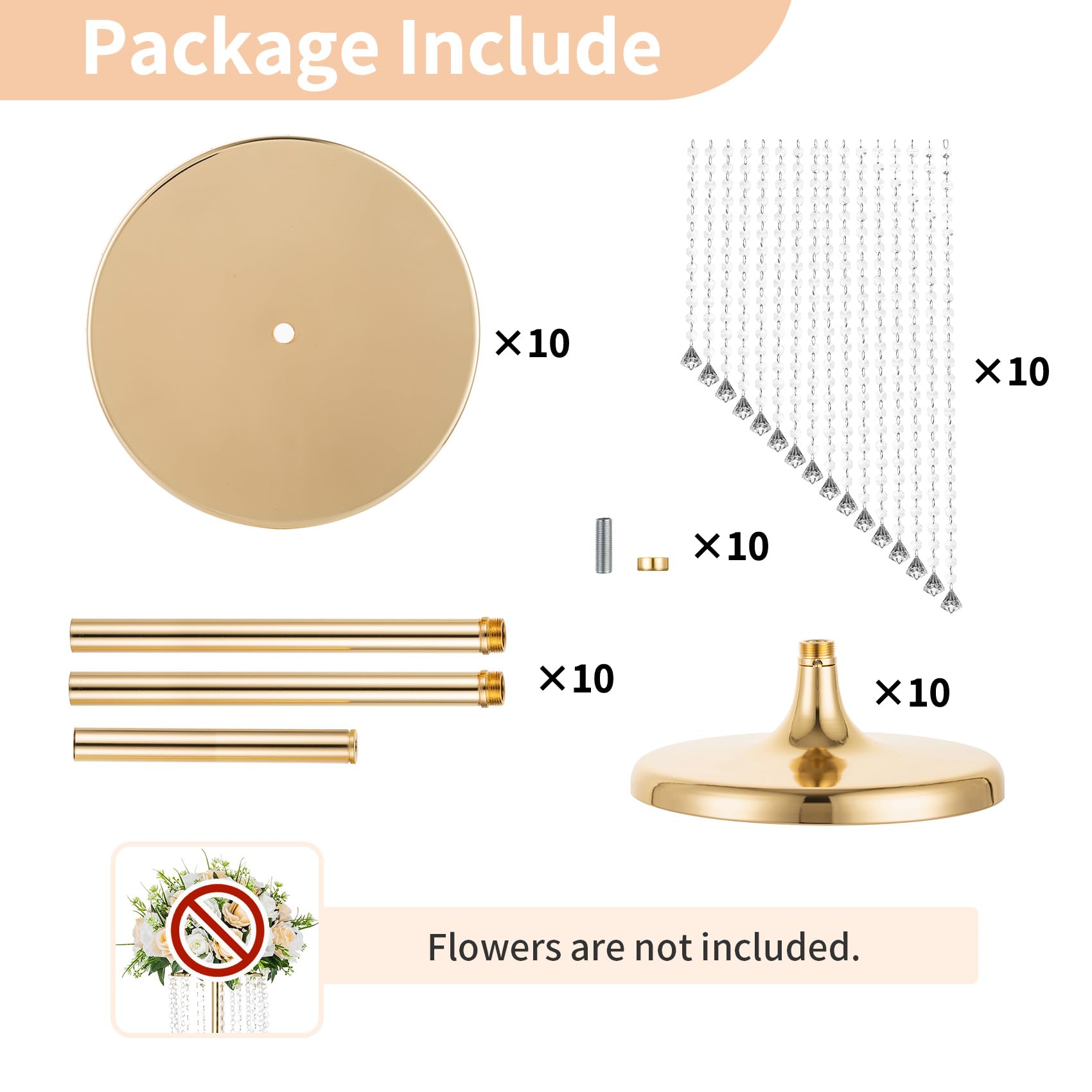 Elegant 10-Piece 35.4 Inch Tall Gold Crystal Flower Vases for Wedding Centerpieces, Bridal Shower Decorations, Anniversary & Home Decor - Perfect for Table Settings, Venue Arrangements and Special Events