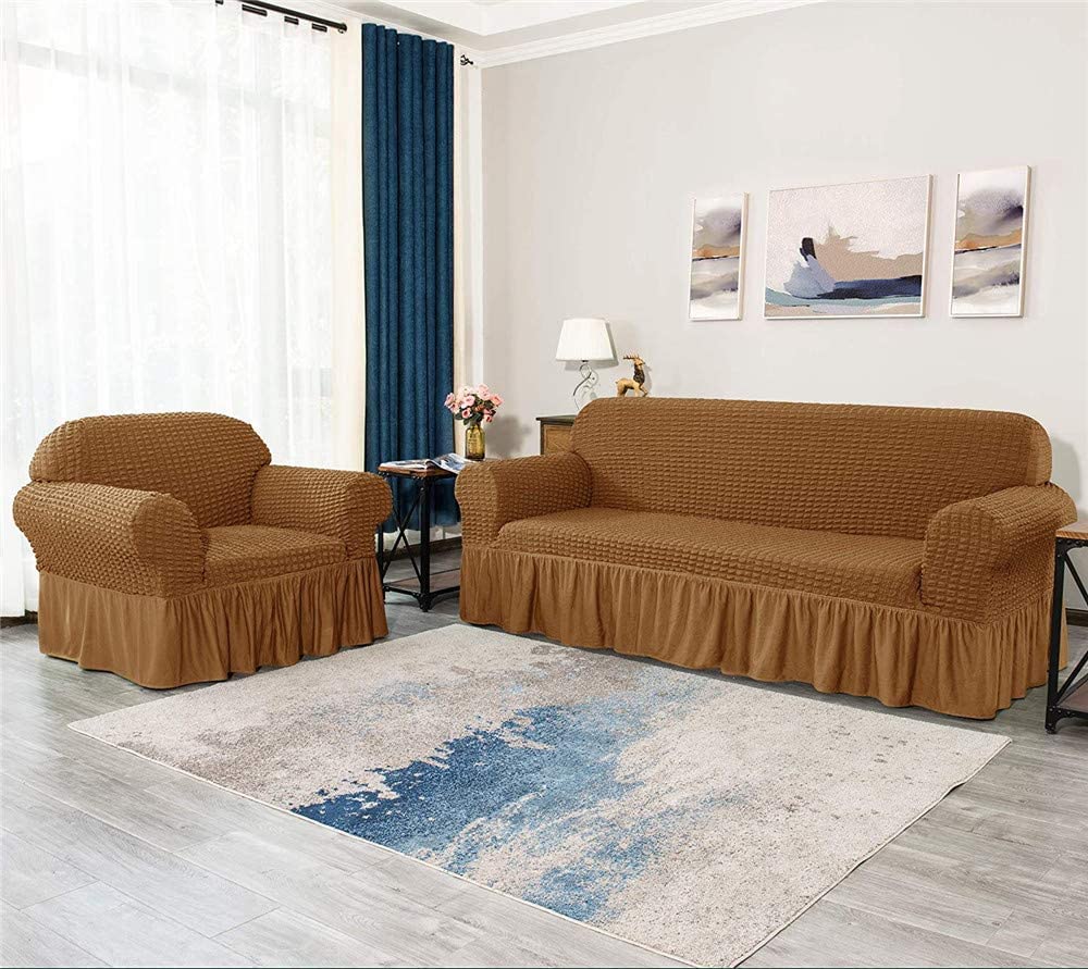 YYHSND Universal Sofa Cover - 1-Piece Stretchable Couch Slipcover, Washable Durable Seersucker Fabric Furniture Protector with Skirt (Almond, 3-Seater) for Living Room, Office & Home Decor