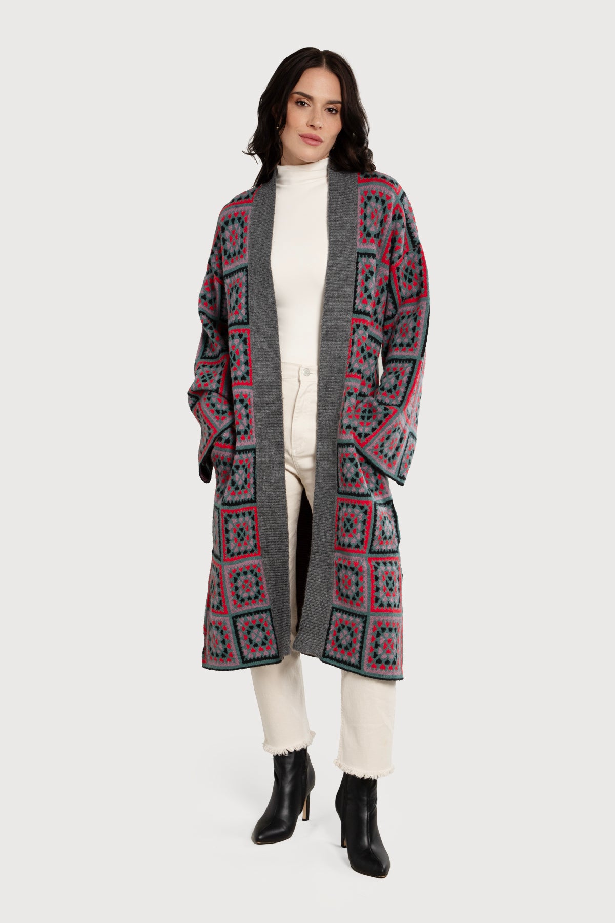 Cozy Knitted Kimono Cardigan - Long Square Patch Design for Women | Perfect for Loungewear, Yoga, and Relaxing at Home