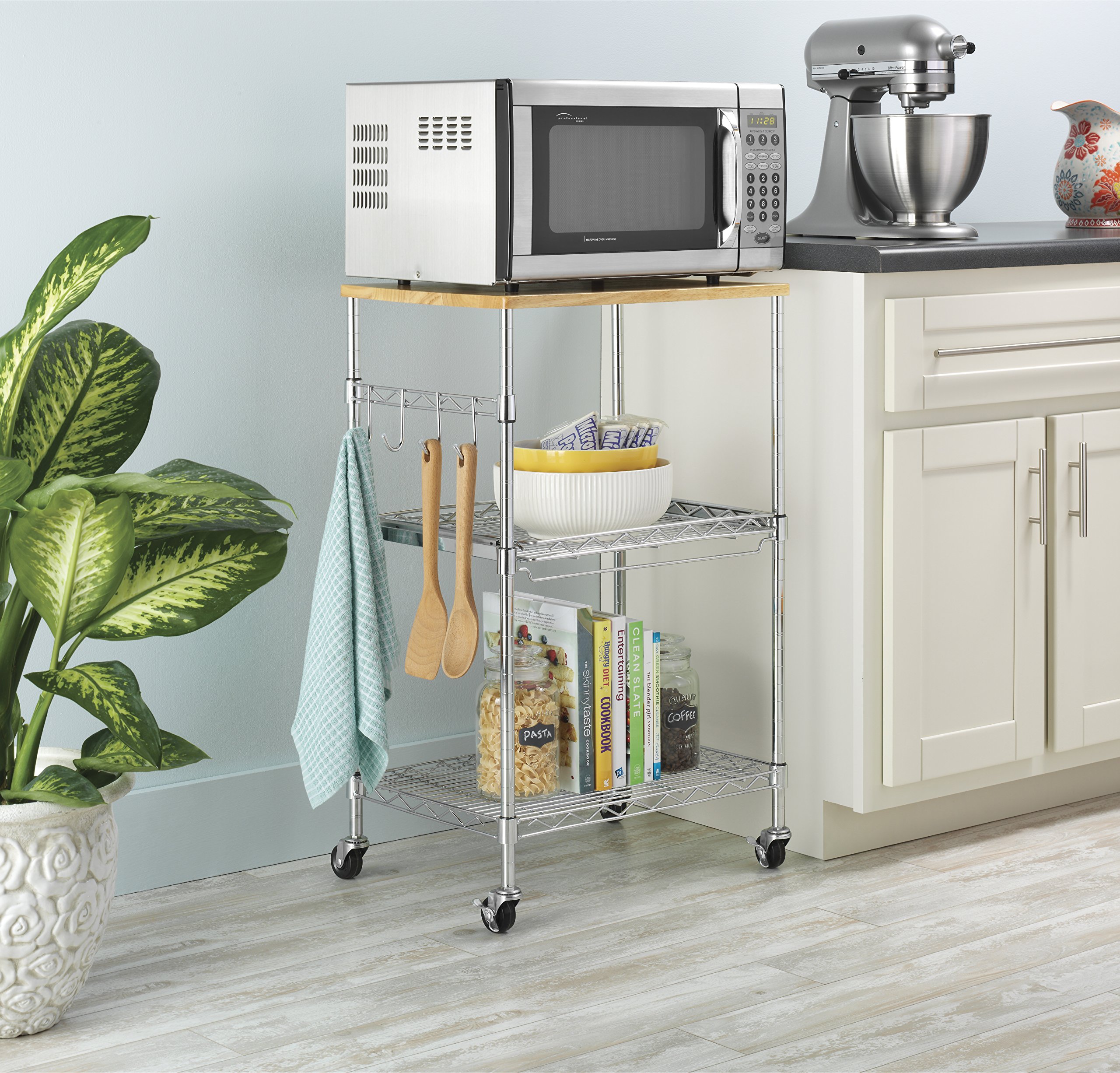 Whitmor Supreme Microwave Cart with Locking Wheels - Chrome Finish with Food Safe Cutting Board 16