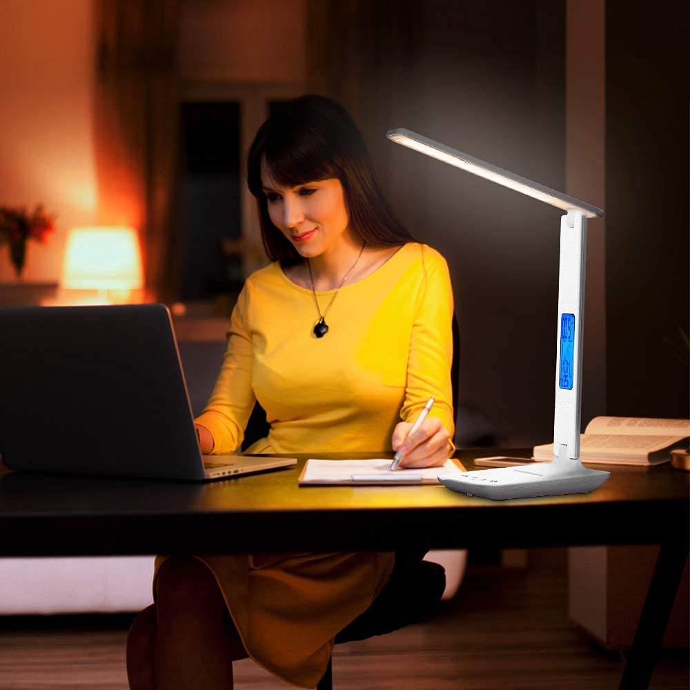 Rechargeable LED Desk Lamp with Clock - Adjustable Brightness & 3 Lighting Modes, Battery Powered Eye-Caring Study Lamp for Home Office, Reading, and Nightstand Use - Perfect for Work, Study, and Bedside Lighting