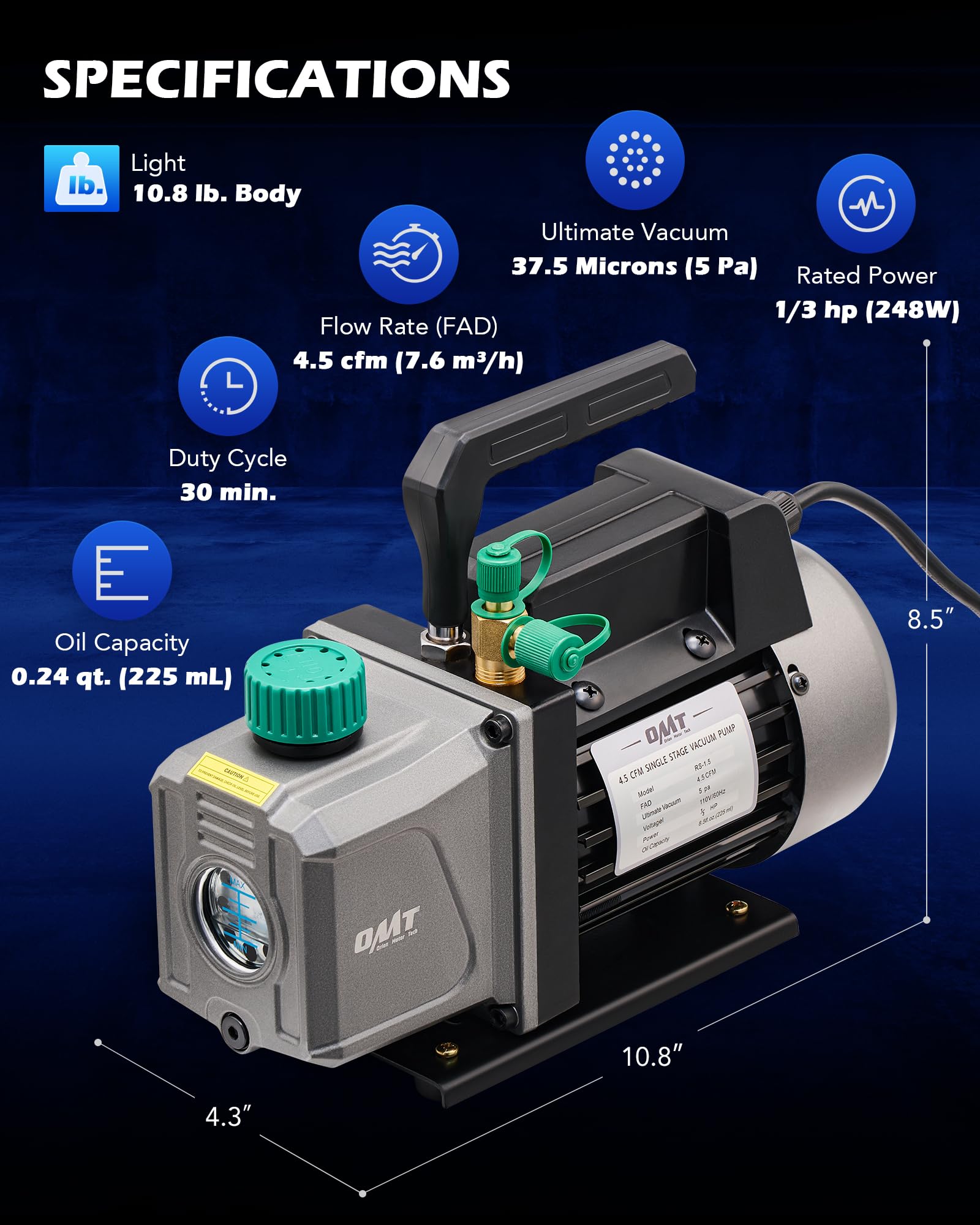 Orion Motor Tech AC Vacuum Pump Kit for R134A R12 R22 R502 Refrigerants - 4.5 CFM Automotive HVAC Vacuum Pump with Gauge Set - Perfect for Car AC Repair, Home Refrigeration & HVAC Maintenance
