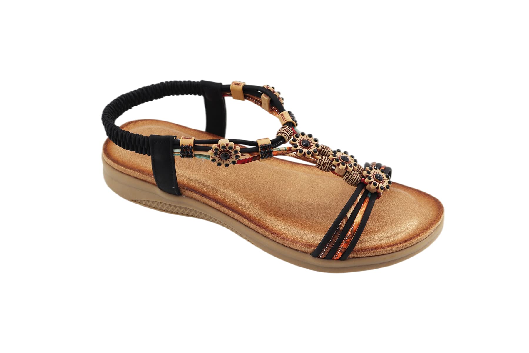 Jusheng Women's Rhinestone Beaded Wooden Sandals - Retro Beach Sandals with Wooden Beads for Summer, Vacation, and Casual Outfits