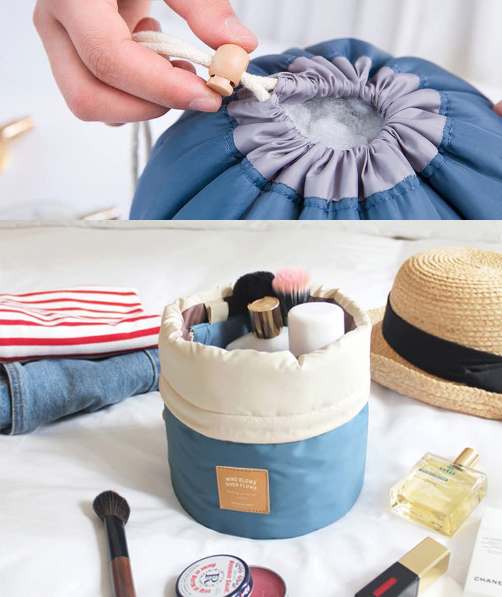 LKMY Drawstring Toiletry Bag - Portable Waterproof Cosmetic Organizer for Travel, Large Capacity Makeup Pouch with Wash Brush Storage (Blue) | Perfect for Gym, Vacation & Daily Essentials Organization