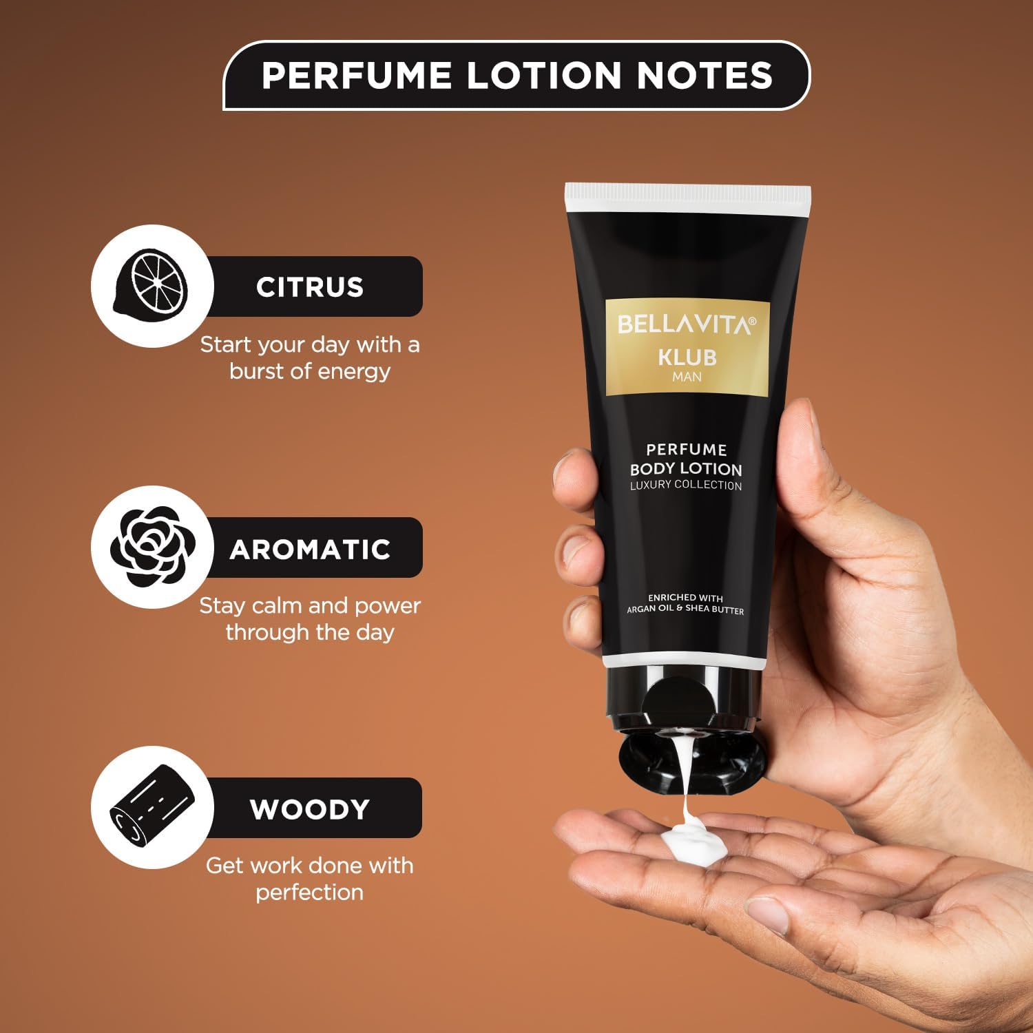 Bell'a Vit'a Luxury KLUB Men's Body Perfume Lotion - 200ml with Argan Oil & Shea Butter for Nourishing, Hydrating & Soft Skin | Daily Moisturizer for Healthy, Supple Skin | Perfect for Gym, Work & Date Nights