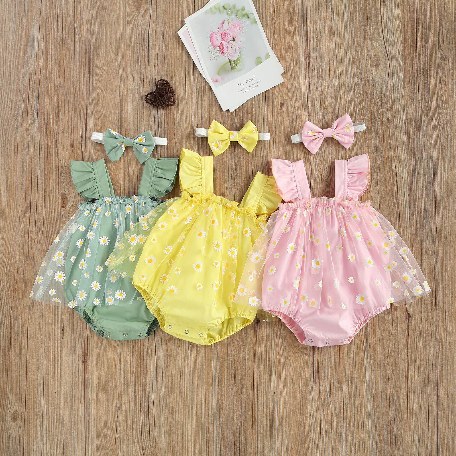 Adorable Baby Girl Ruffle Sleeve Daisy Print Romper Dress & Headband Set - Summer Sunsuit Outfit for Newborns, Infants & Toddlers - Perfect for Photoshoots, Birthday Parties & Beach Vacations