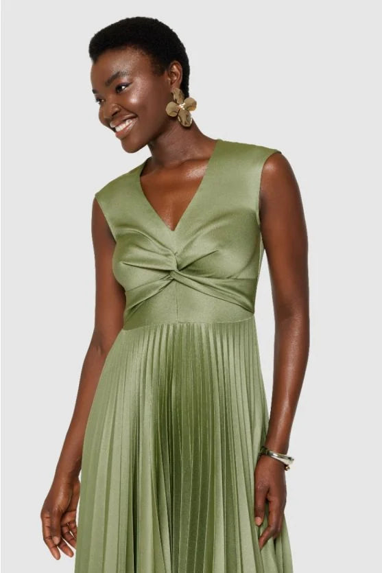 Leah Pleated Twist Dress in Olive Green - Elegant Women's Midi Dress for Casual Outings, Office Wear & Special Occasions