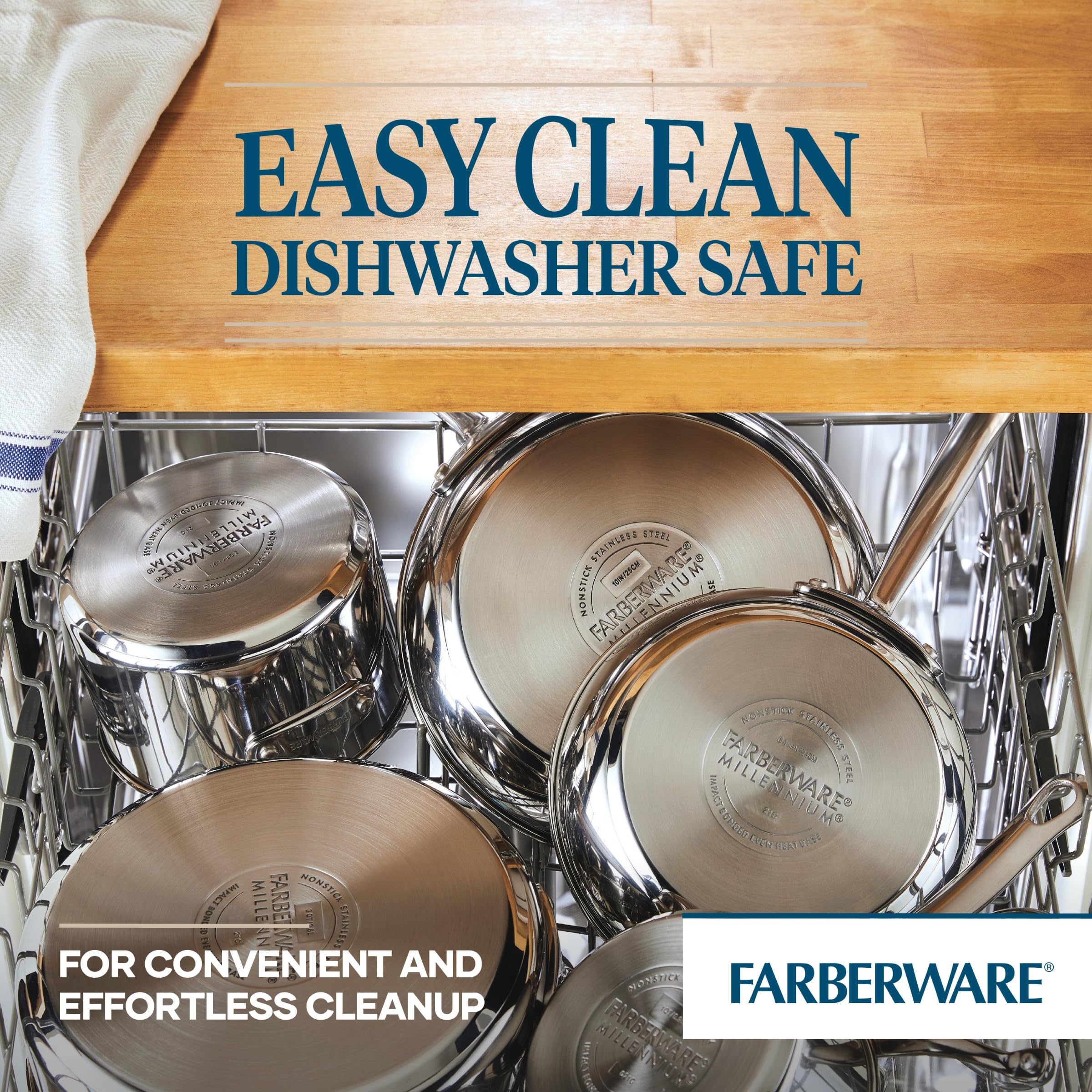 Farberware Millennium 10-Piece Stainless Steel Nonstick Cookware Set - Pots & Pans for Cooking, Frying & Sauteing - Dishwasher Safe Kitchen Essentials for Home Chefs